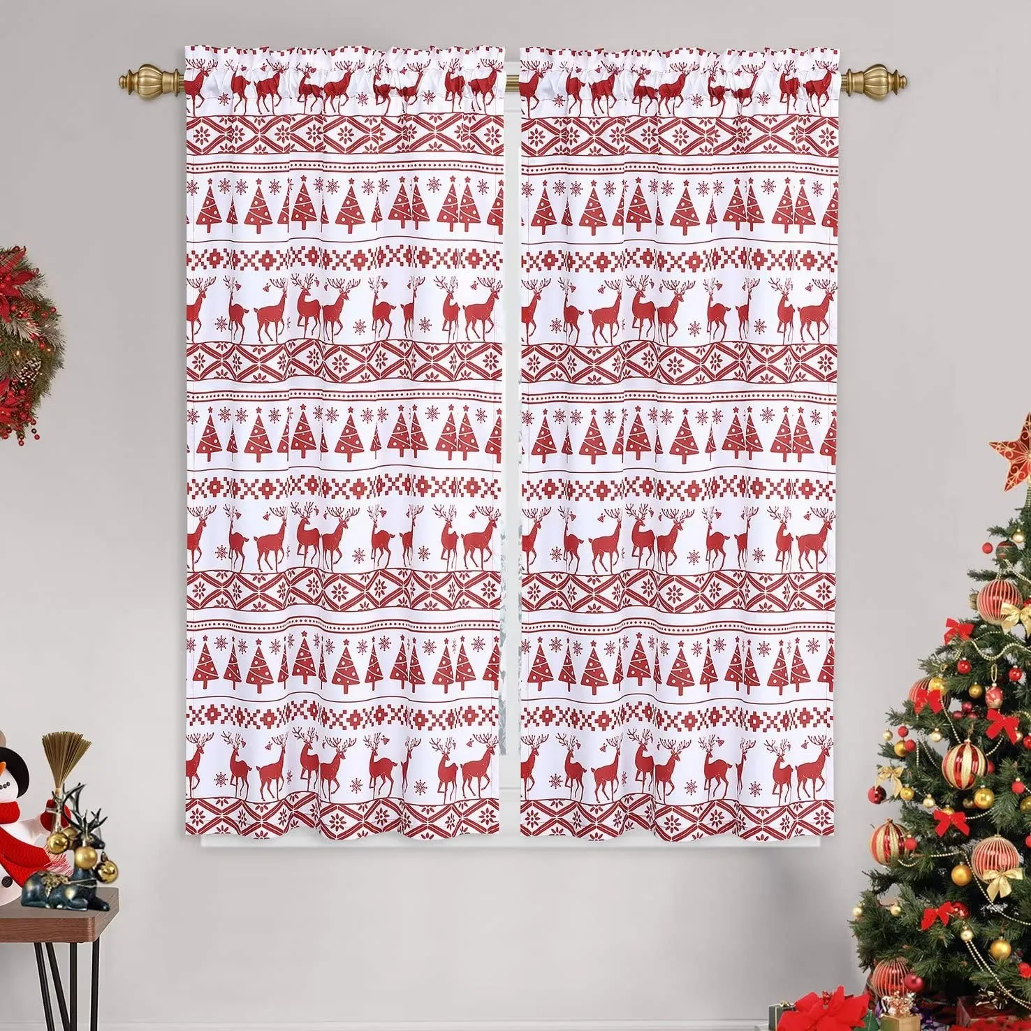 GARVEE Kitchen Curtains, Christmas Deer Tree Snowflakes Cafe Curtains Xmas Decor Short Curtains Boho Canvas Tier Curtains for Kitchen Living Room Bedroom Bathroom, 2 Panels, 26 x 45 inches