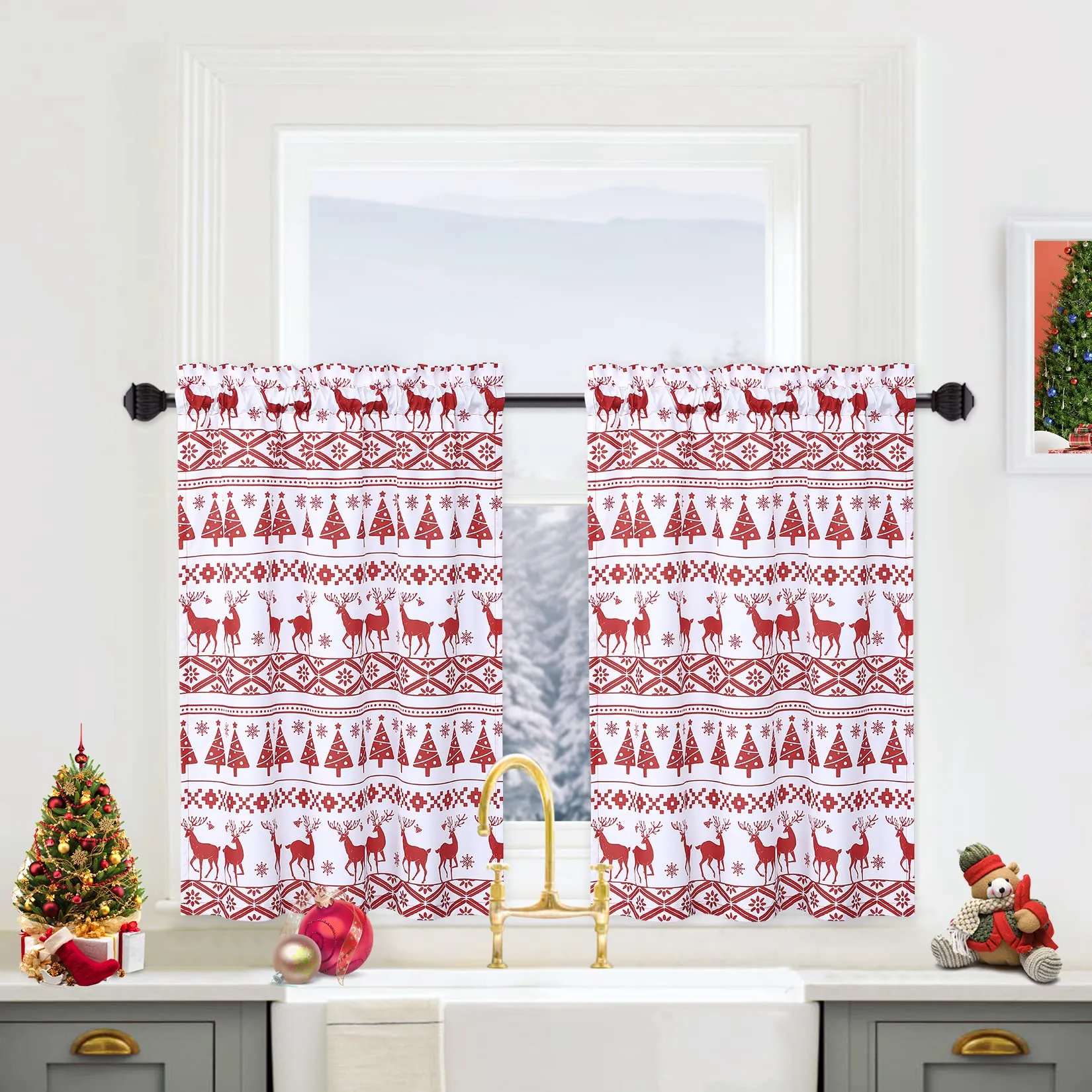 GARVEE Kitchen Curtains for Bathroom, Christmas Tree and Deer Pattern Small Tier Curtains 30 Inches Boho Xmas Home Decor Café Curtain Set Bathroom Window Curtain, Set of 2