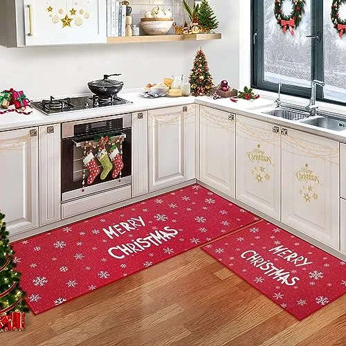 GARVEE Kitchen Rugs and Mats Washable Non-Skid Kitchen Mats Christmas Decorative Runner Rugs Xmas Throw Floor Mats Runner for Kitchen Laundry Sink, 17x29 17x47