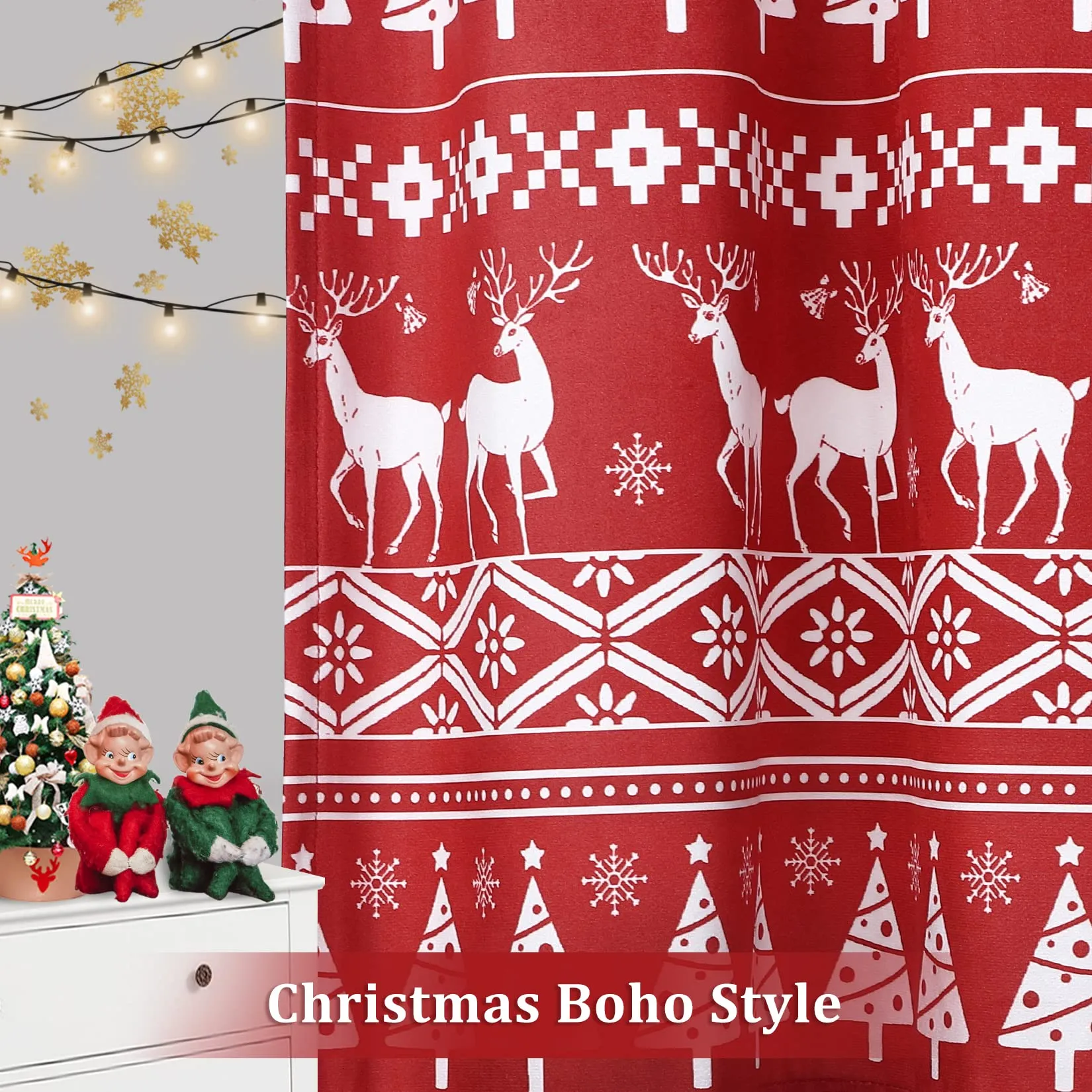 GARVEE Red Boho Velvet Window Valances Xmas Tree Deer Snowflake Pattern Window Treatment Decor Curtains Window Dressing Christmas Decor for Kitchen/Living Room, 52 W x 15 L, One Panel