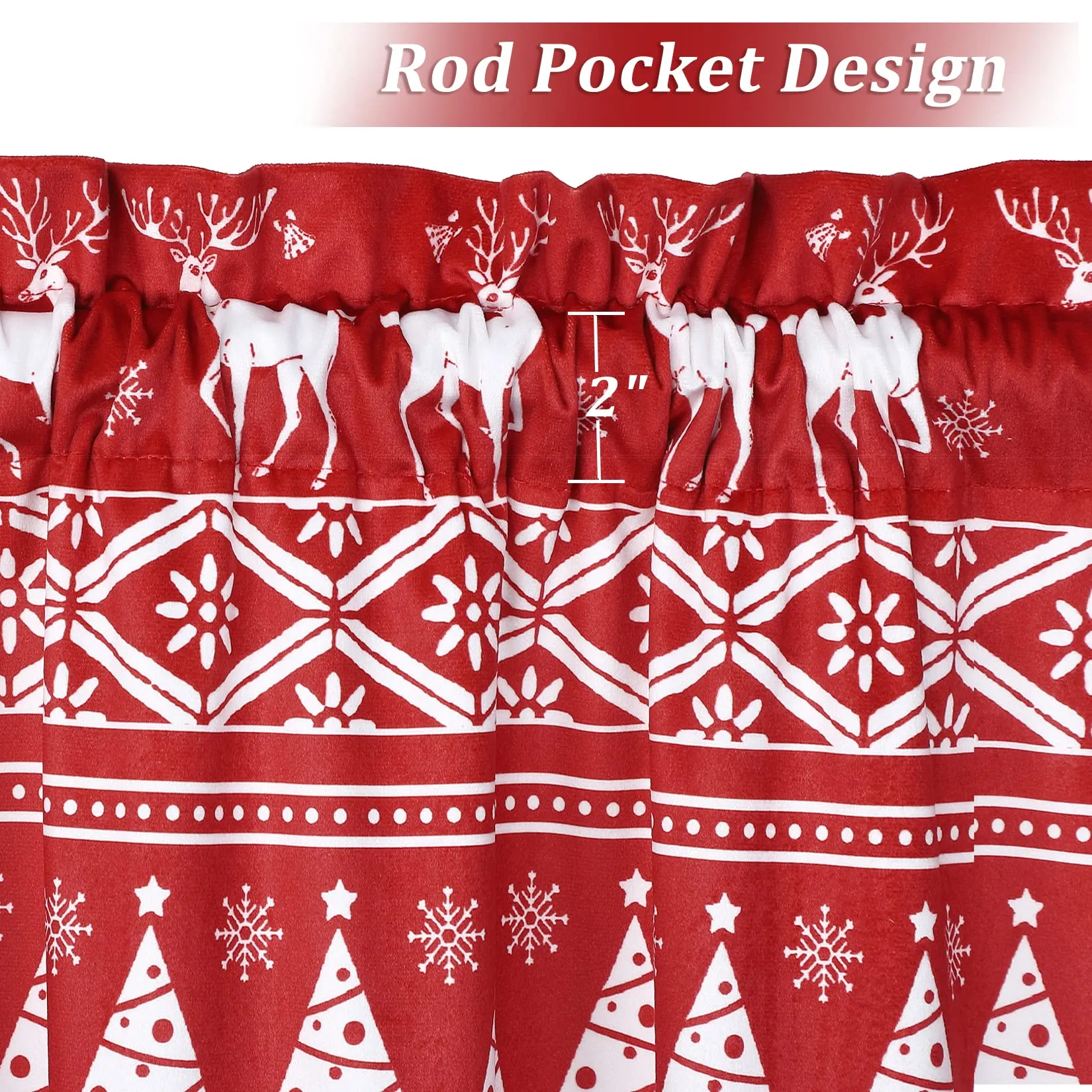 GARVEE Red Boho Velvet Window Valances Xmas Tree Deer Snowflake Pattern Window Treatment Decor Curtains Window Dressing Christmas Decor for Kitchen/Living Room, 52 W x 15 L, One Panel