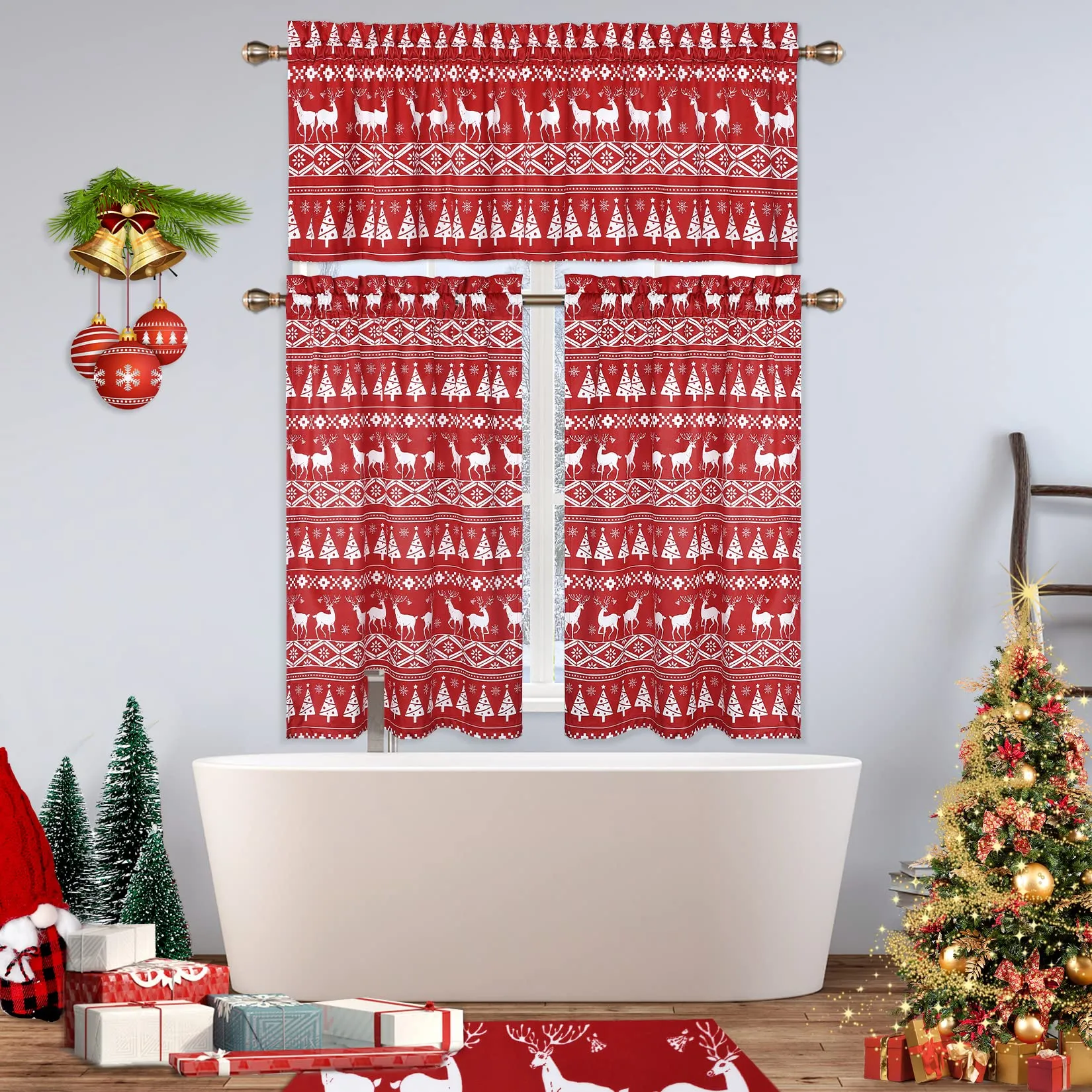 GARVEE Red Boho Velvet Window Valances Xmas Tree Deer Snowflake Pattern Window Treatment Decor Curtains Window Dressing Christmas Decor for Kitchen/Living Room, 52 W x 15 L, One Panel