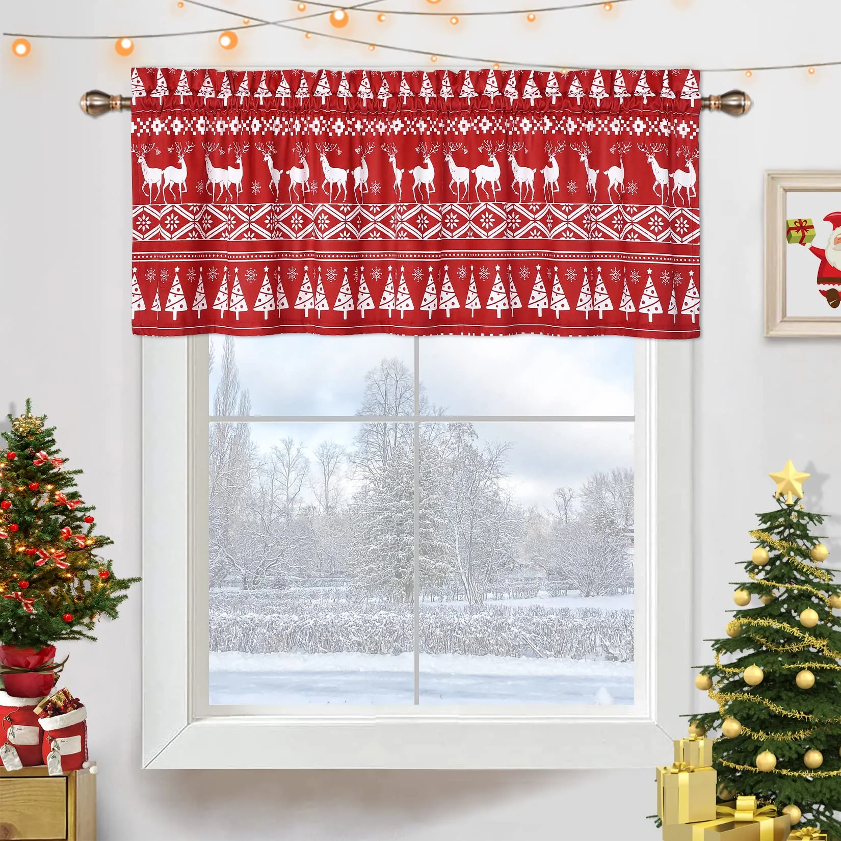 GARVEE Red Boho Velvet Window Valances Xmas Tree Deer Snowflake Pattern Window Treatment Decor Curtains Window Dressing Christmas Decor for Kitchen/Living Room, 52 W x 15 L, One Panel