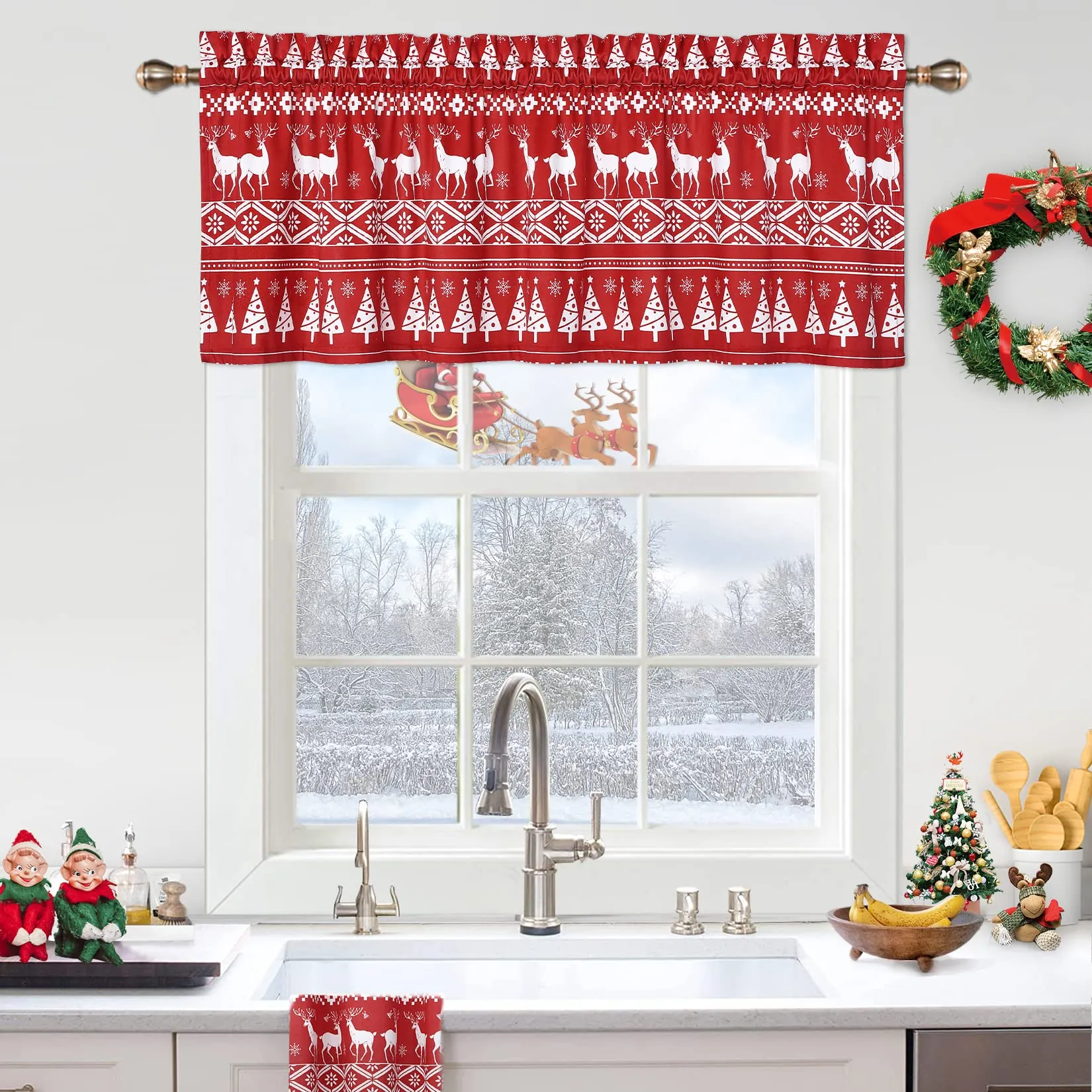 GARVEE Red Boho Velvet Window Valances Xmas Tree Deer Snowflake Pattern Window Treatment Decor Curtains Window Dressing Christmas Decor for Kitchen/Living Room, 52 W x 15 L, One Panel