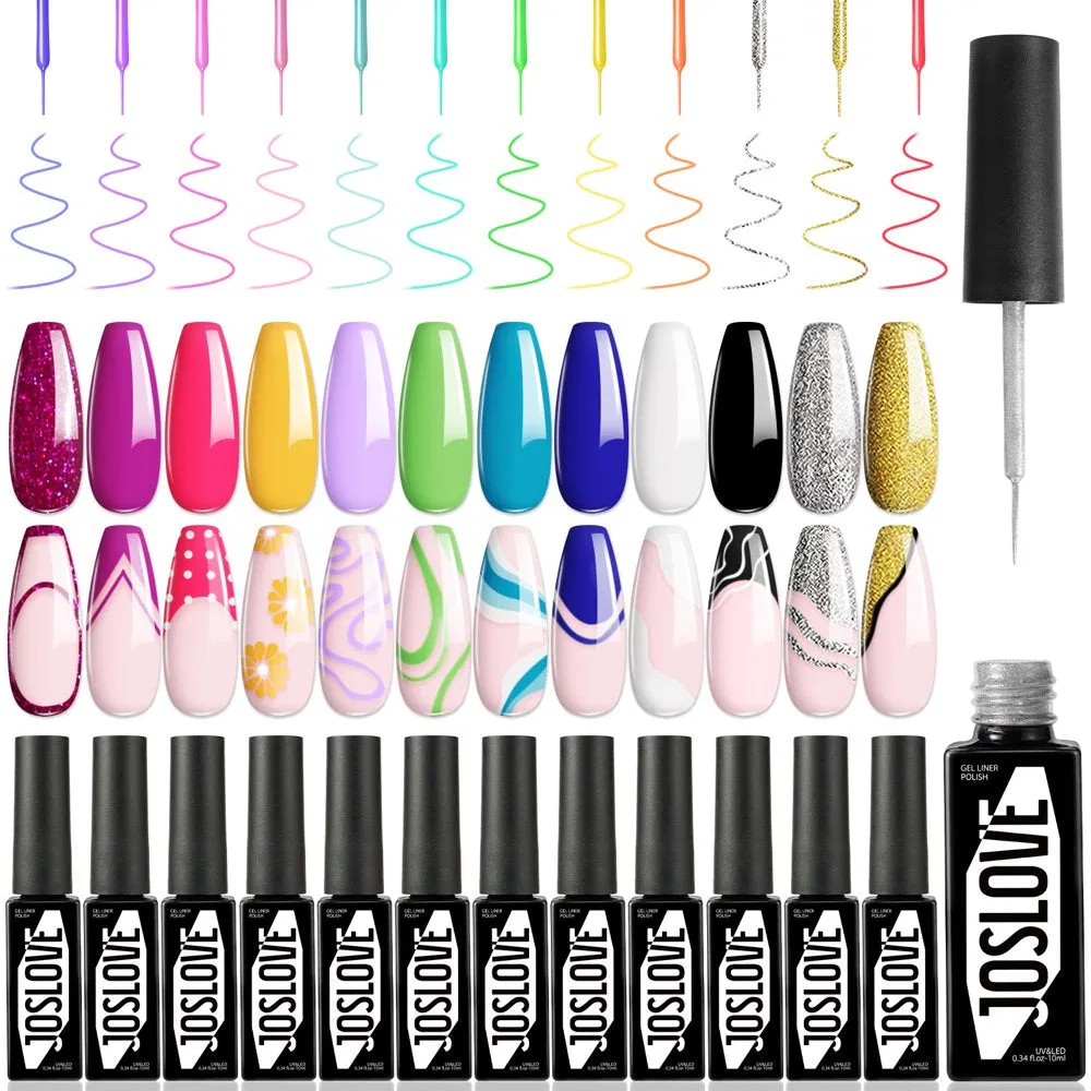 Gel Nail Polish Set, 2 Colors Black White Gel Liner Nail Polish Kit with Thin Brush for Line Pulling Nail Art