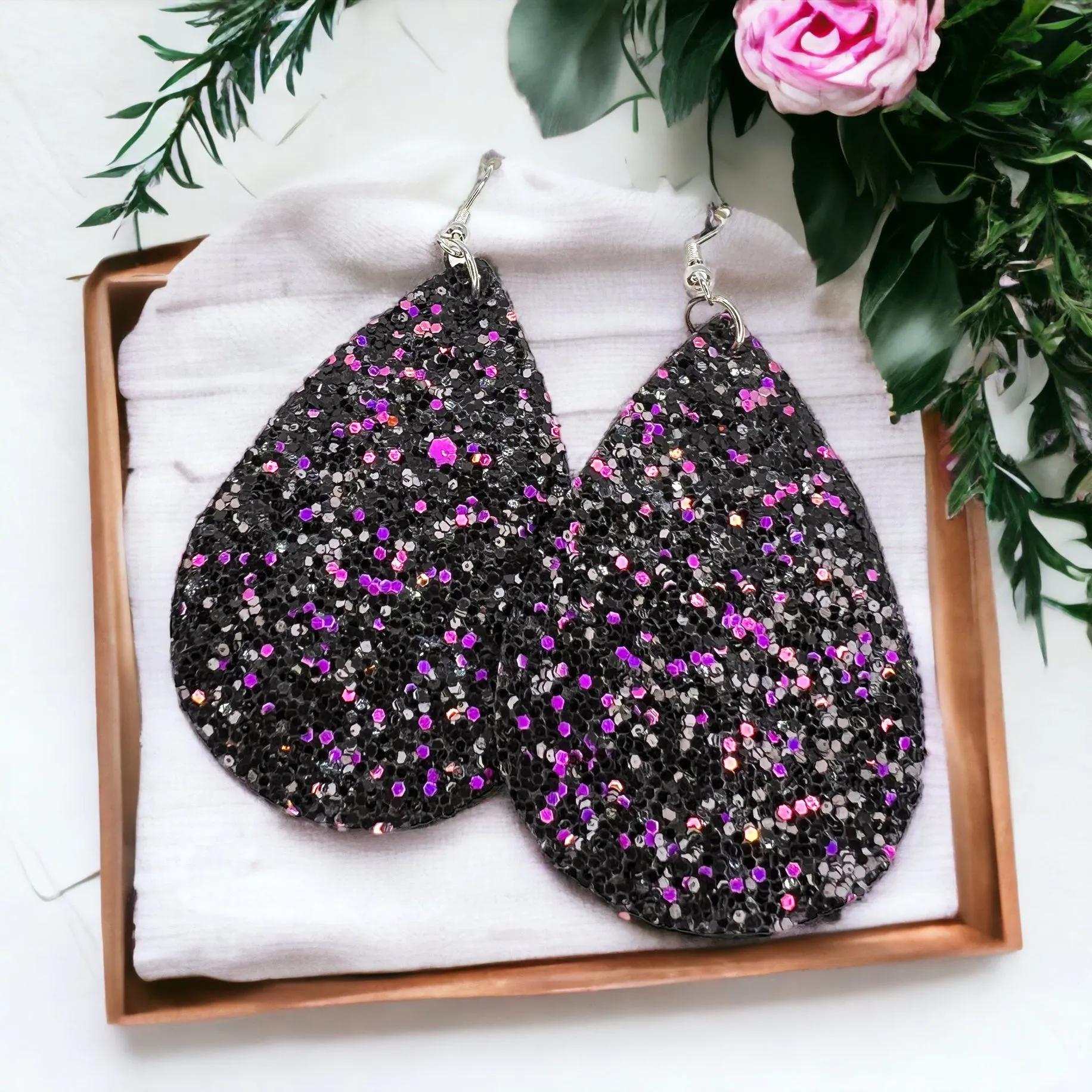 Glitter Earrings - Glitter Accessories, Purple Earrings, Teardrop Earrings, Purple and Black, Blue Glitter