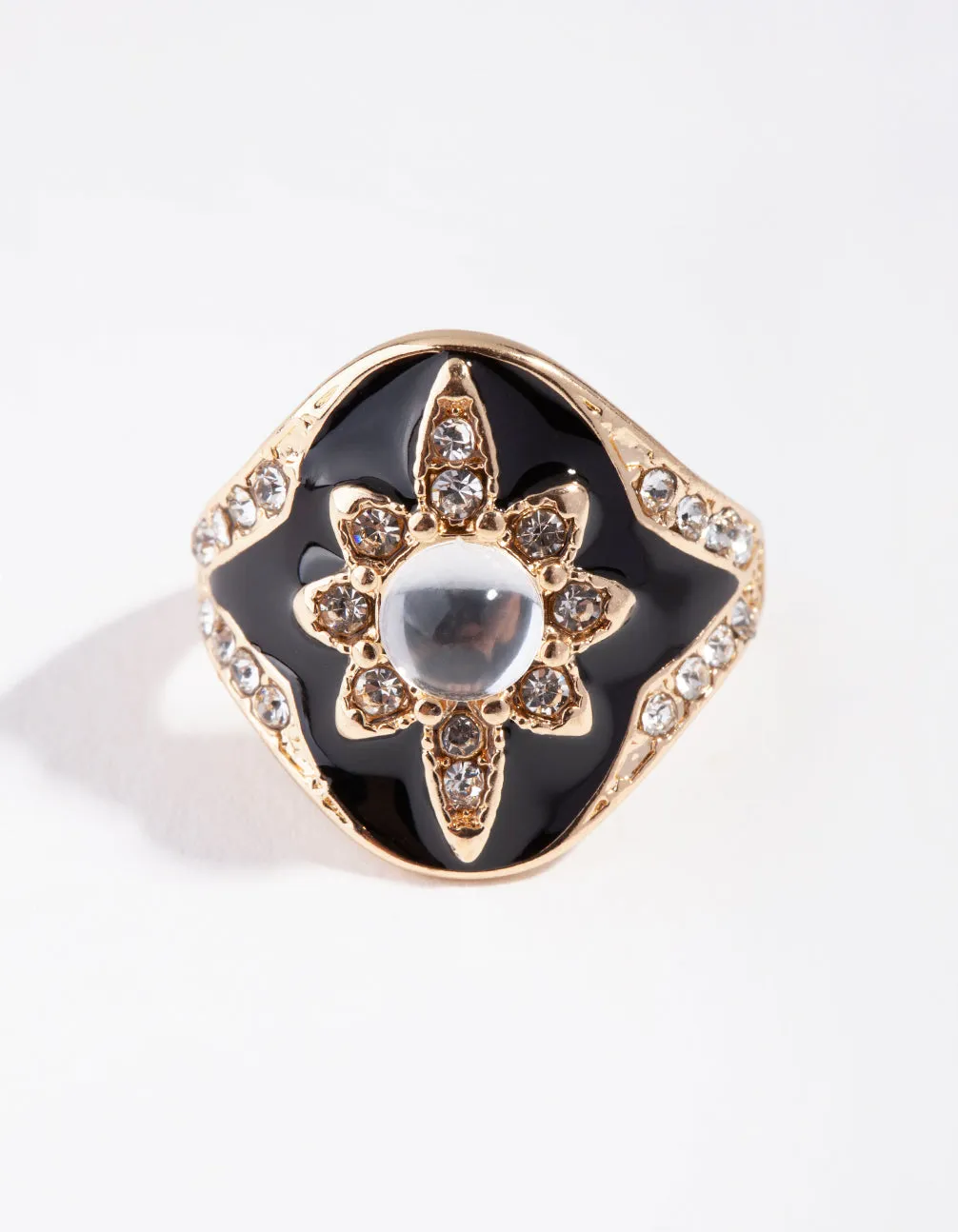 Gold Enamel Diamante Flower Ring