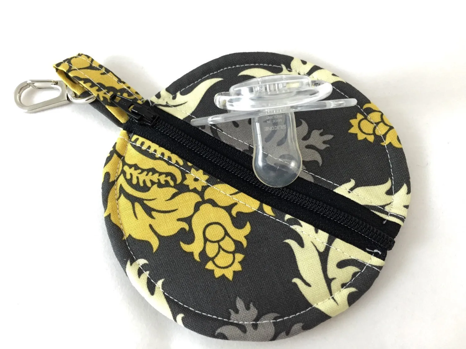 Gray Damask Ear Pod Pouch, Gold Damask Pacifier Case, Lip Balm Holder