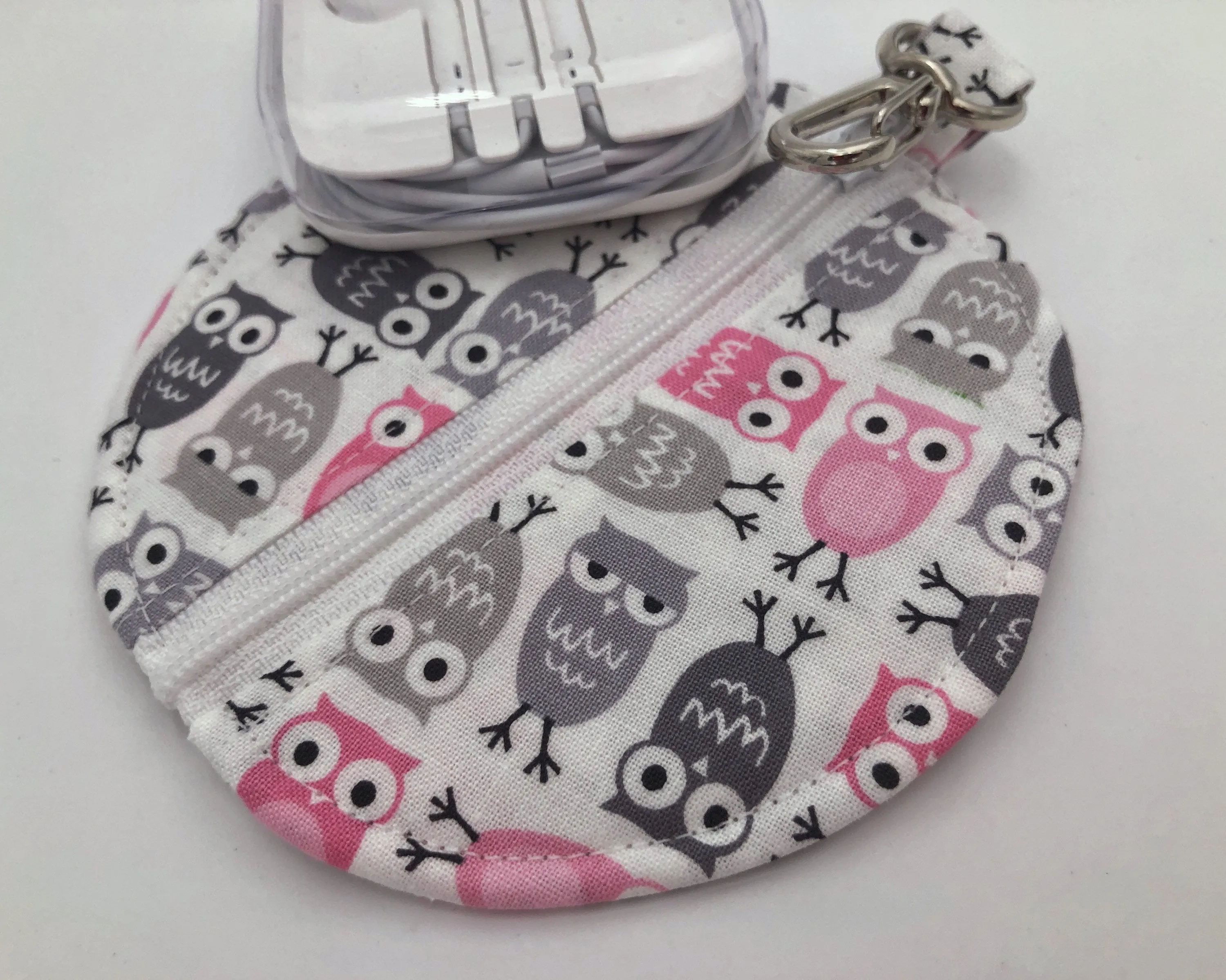 Gray Owl Headphone Case, Pink Bird Ear Pod Pouch, Small Coin Purse for Women