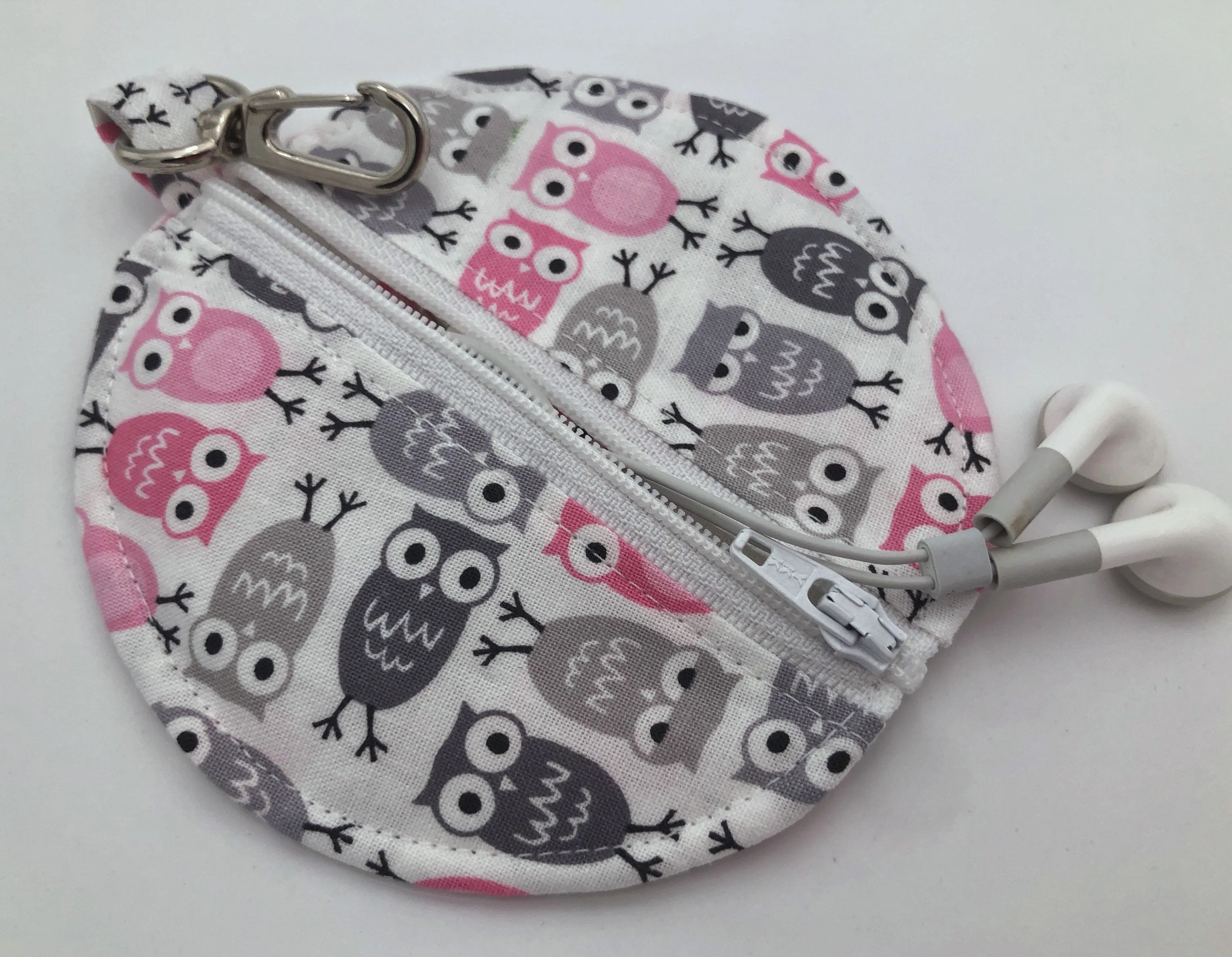 Gray Owl Headphone Case, Pink Bird Ear Pod Pouch, Small Coin Purse for Women