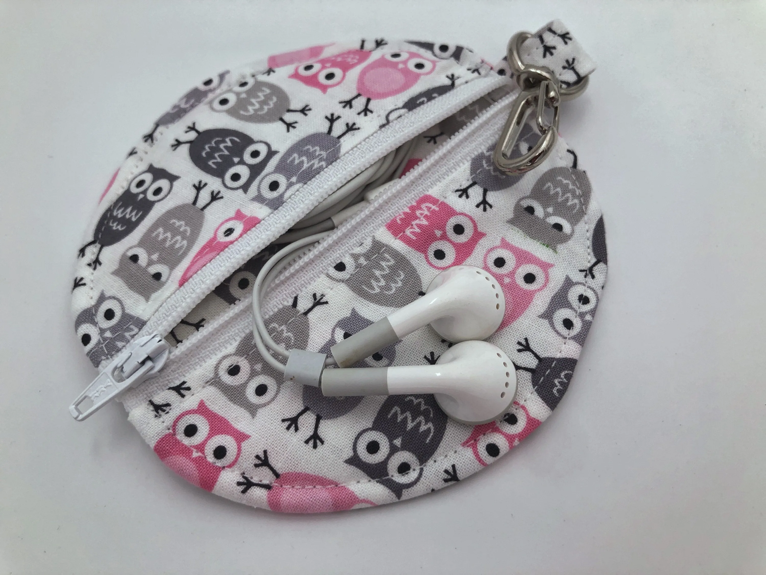 Gray Owl Headphone Case, Pink Bird Ear Pod Pouch, Small Coin Purse for Women