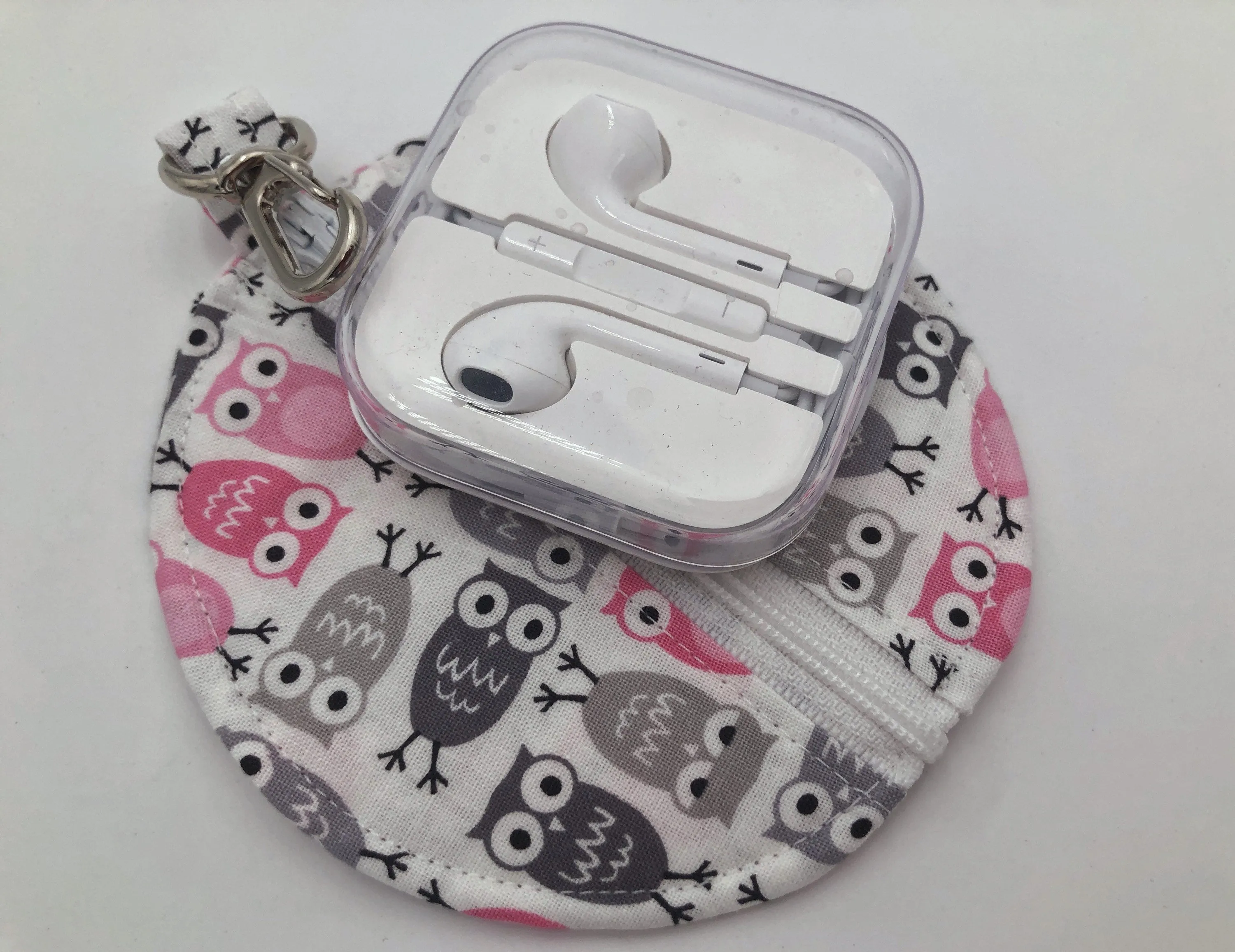 Gray Owl Headphone Case, Pink Bird Ear Pod Pouch, Small Coin Purse for Women