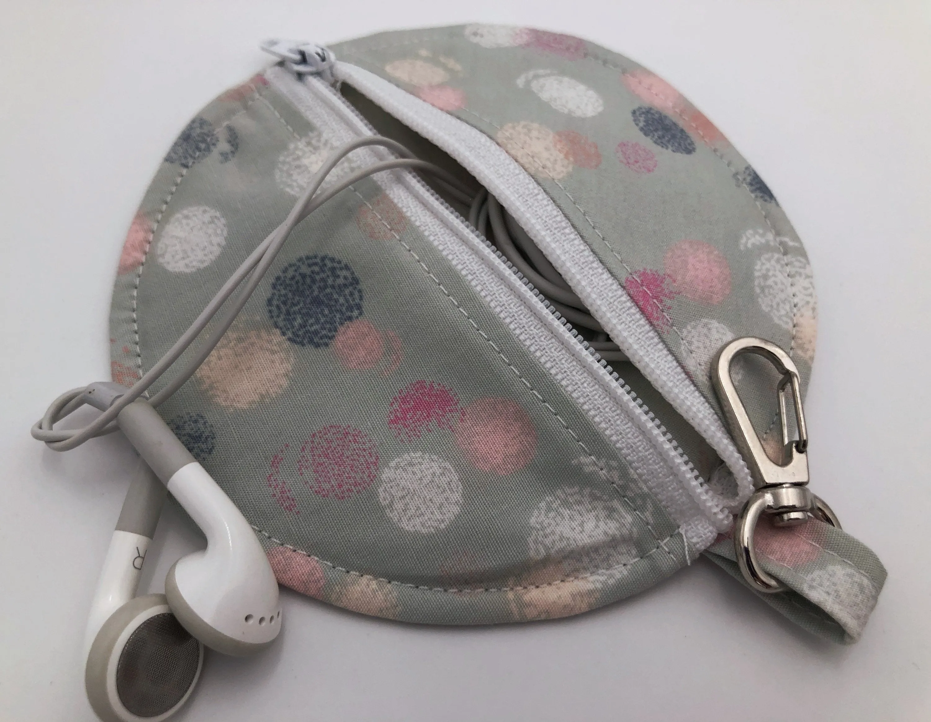 Gray Polka Dot Earpod Pouch, Pink Ear Bud Case, Airpod Holder, Circle Pouch for Chapstick