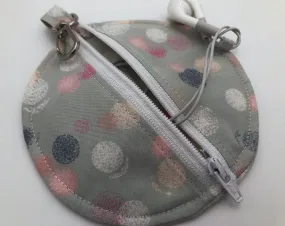 Gray Polka Dot Earpod Pouch, Pink Ear Bud Case, Airpod Holder, Circle Pouch for Chapstick