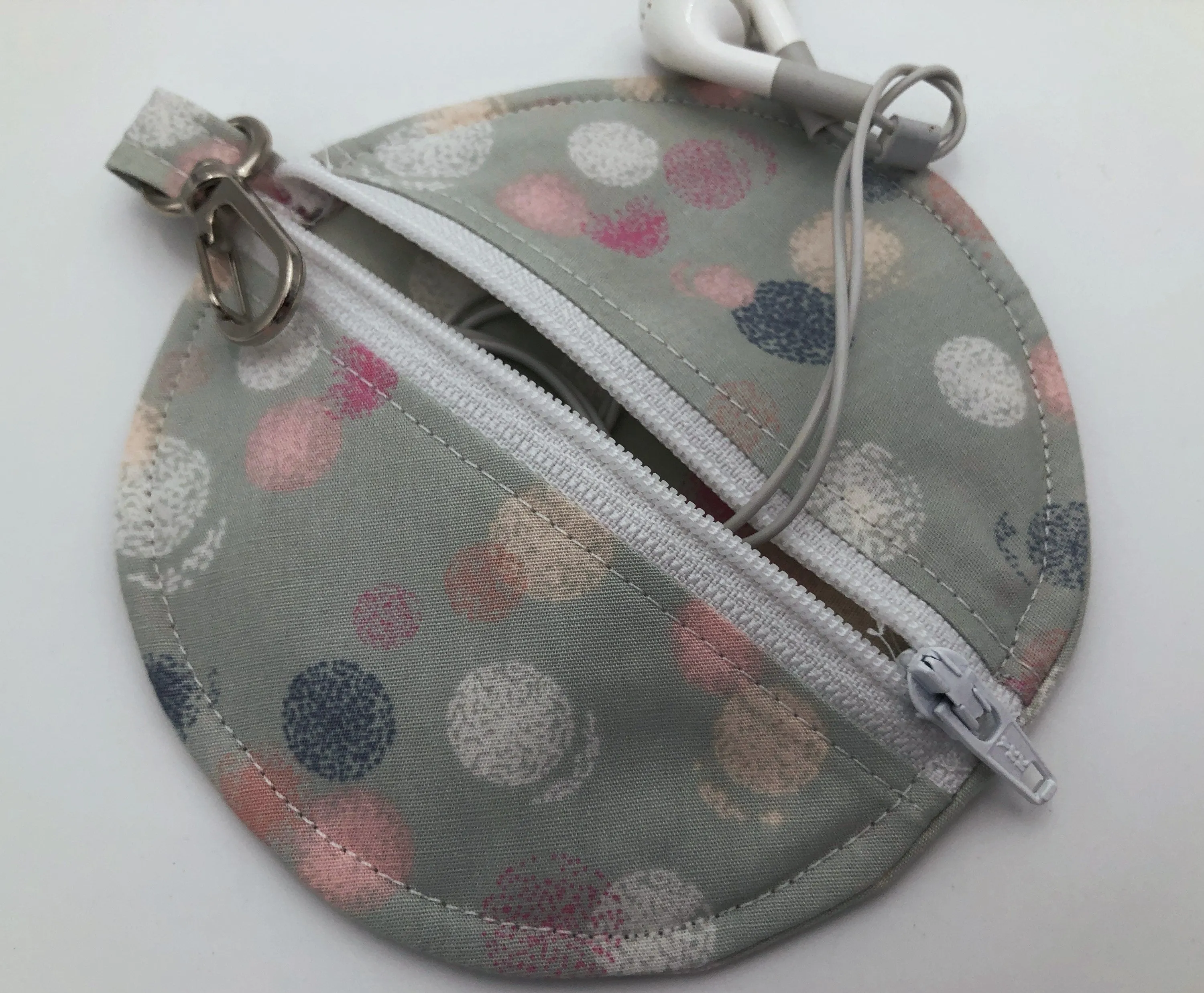 Gray Polka Dot Earpod Pouch, Pink Ear Bud Case, Airpod Holder, Circle Pouch for Chapstick