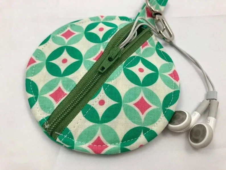 Green Earpod Case, Ear Pod Pouch, Lens Cap Holder, Tiny Zipper Pouch