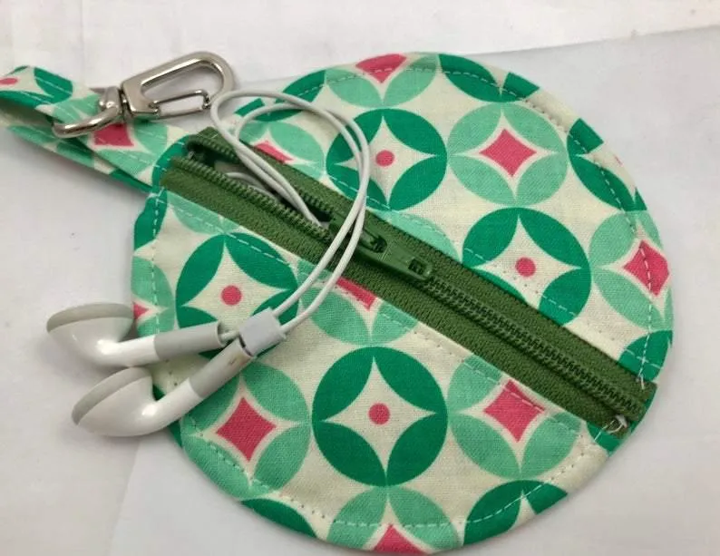 Green Earpod Case, Ear Pod Pouch, Lens Cap Holder, Tiny Zipper Pouch