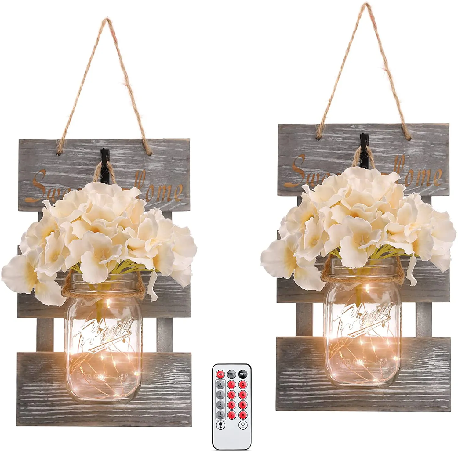 HOMKO Decorative Mason Jar Wall Decor - Rustic Wall Sconces with 6-Hour Timer LED Fairy Lights and Flowers - Farmhouse Home Decor (Set of 2)