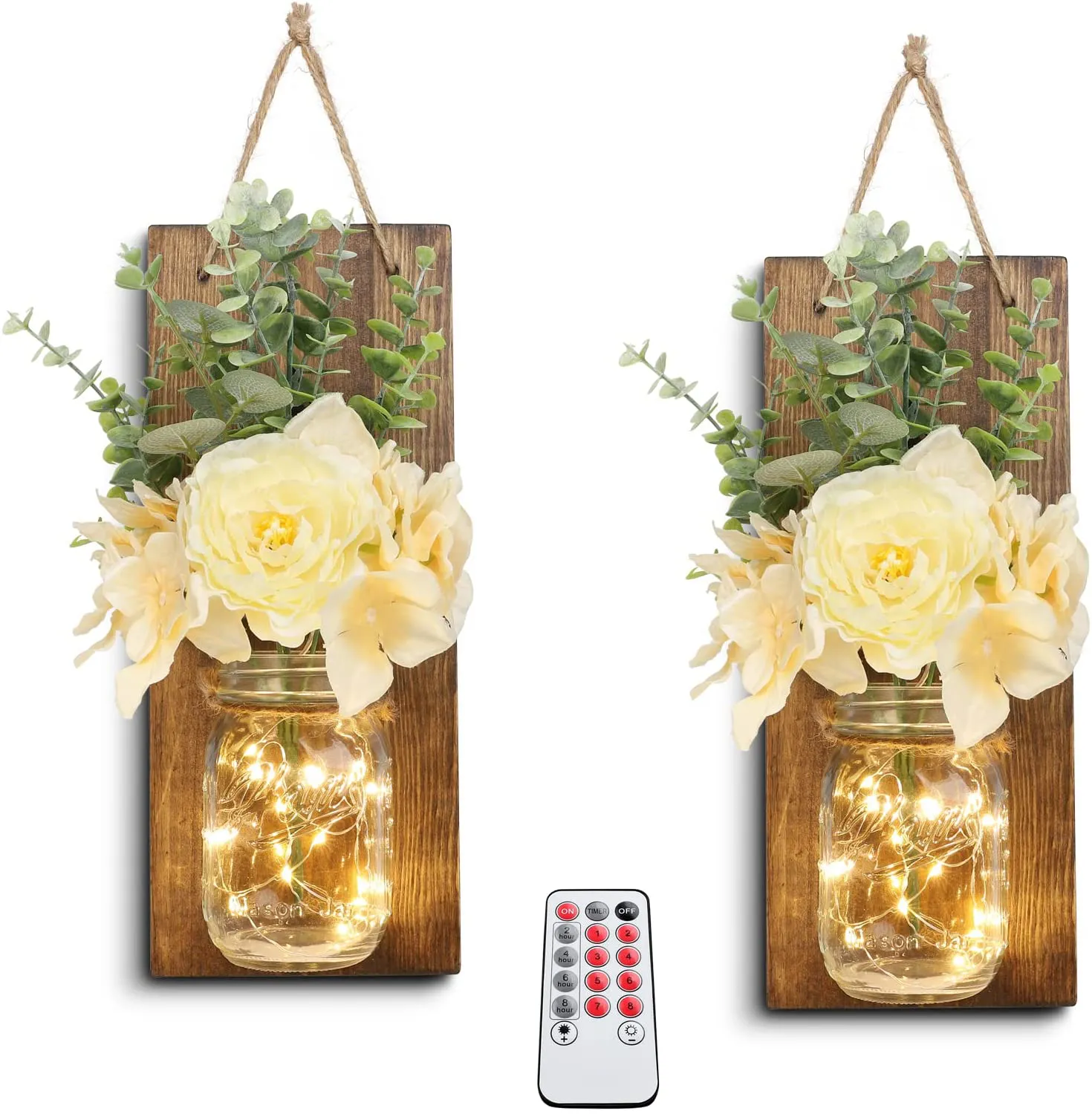 HOMKO Decorative Mason Jar Wall Decor - Rustic Wall Sconces with 6-Hour Timer LED Fairy Lights and Flowers - Farmhouse Home Decor (Set of 2)