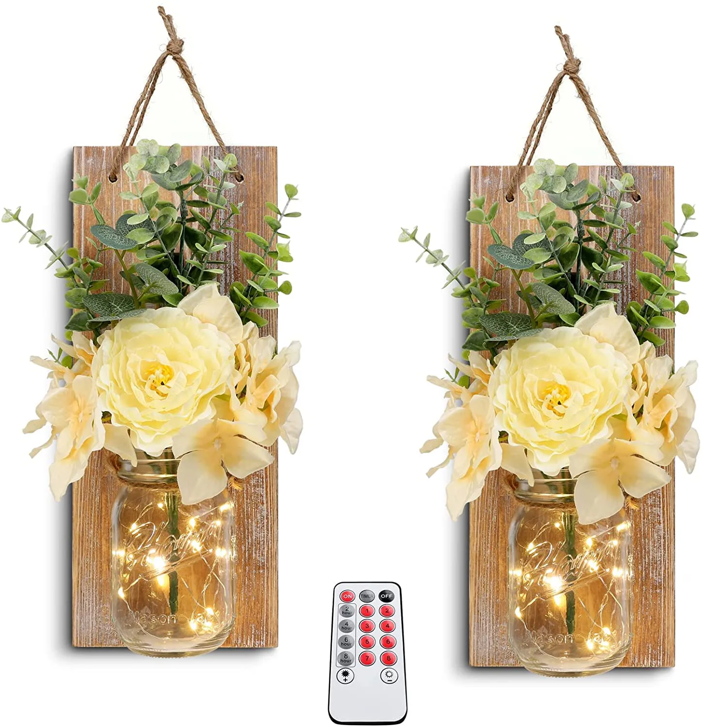 HOMKO Decorative Mason Jar Wall Decor - Rustic Wall Sconces with 6-Hour Timer LED Fairy Lights and Flowers - Farmhouse Home Decor (Set of 2)