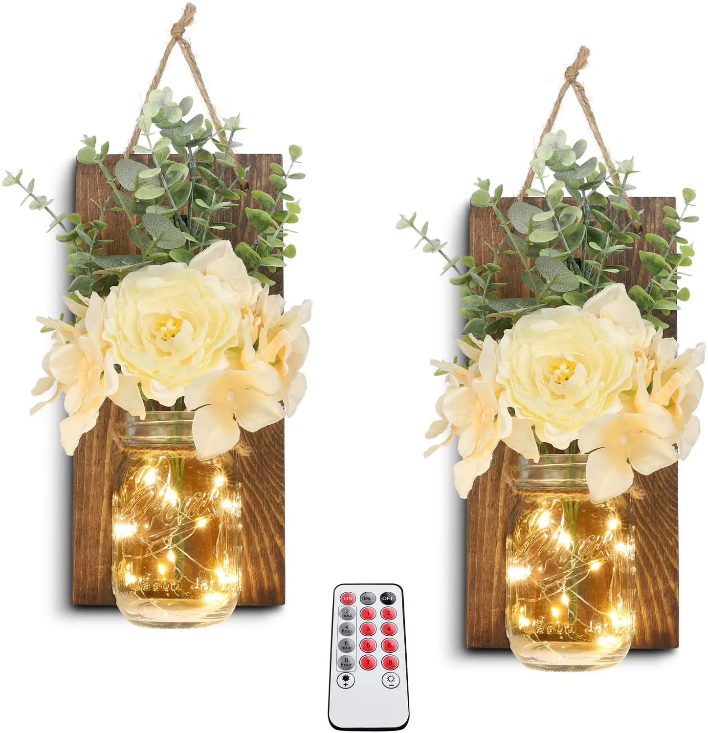 HOMKO Decorative Mason Jar Wall Decor - Rustic Wall Sconces with 6-Hour Timer LED Fairy Lights and Flowers - Farmhouse Home Decor (Set of 2)