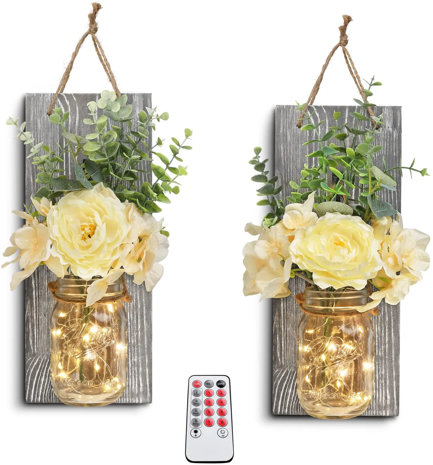 HOMKO Decorative Mason Jar Wall Decor - Rustic Wall Sconces with 6-Hour Timer LED Fairy Lights and Flowers - Farmhouse Home Decor (Set of 2)