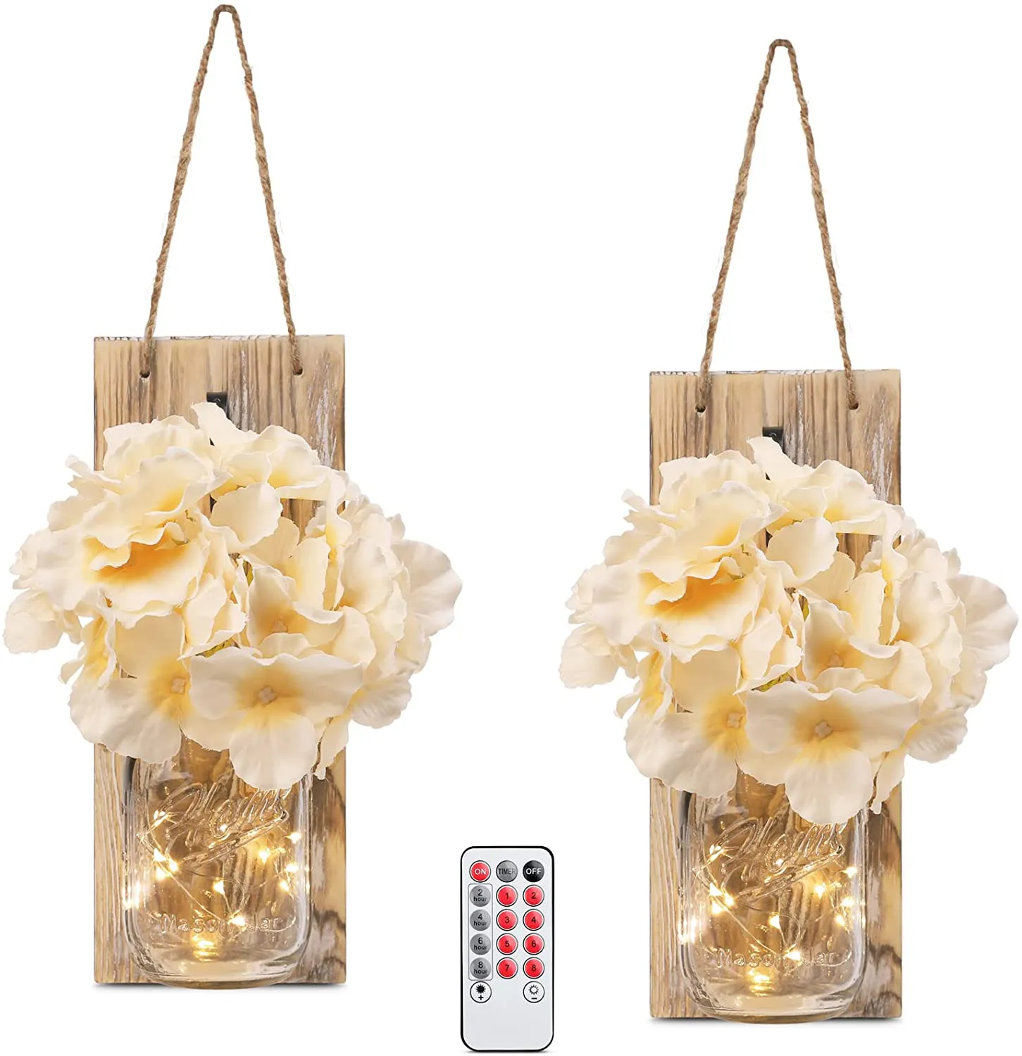 HOMKO Decorative Mason Jar Wall Decor - Rustic Wall Sconces with 6-Hour Timer LED Fairy Lights and Flowers - Farmhouse Home Decor (Set of 2)