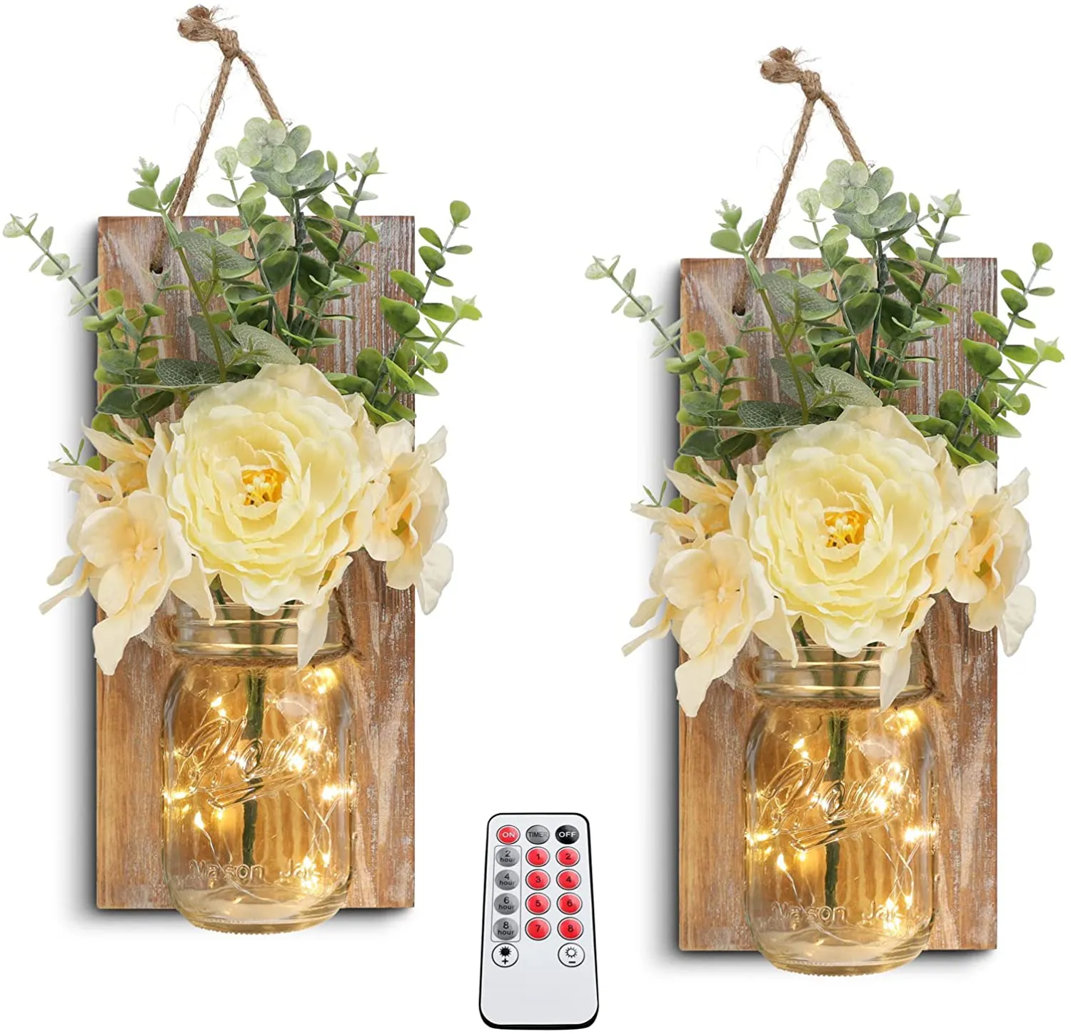 HOMKO Decorative Mason Jar Wall Decor - Rustic Wall Sconces with 6-Hour Timer LED Fairy Lights and Flowers - Farmhouse Home Decor (Set of 2)