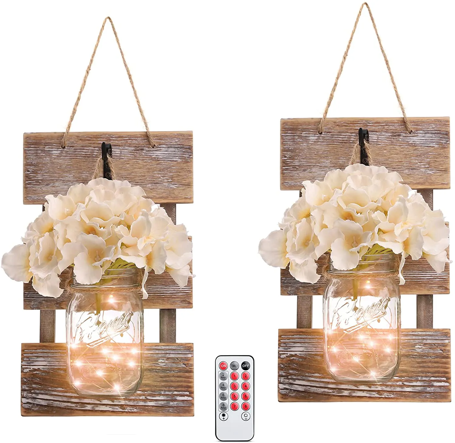 HOMKO Decorative Mason Jar Wall Decor - Rustic Wall Sconces with 6-Hour Timer LED Fairy Lights and Flowers - Farmhouse Home Decor (Set of 2)