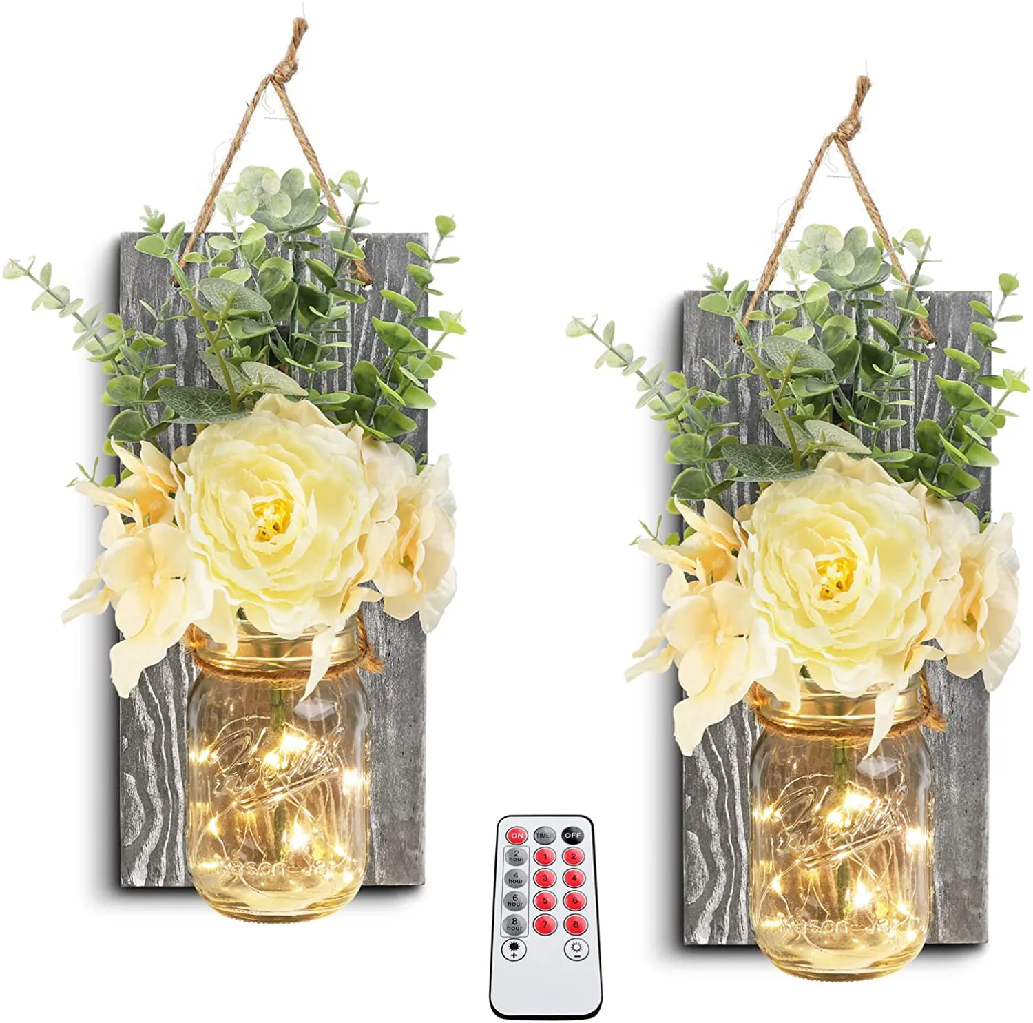 HOMKO Decorative Mason Jar Wall Decor - Rustic Wall Sconces with 6-Hour Timer LED Fairy Lights and Flowers - Farmhouse Home Decor (Set of 2)