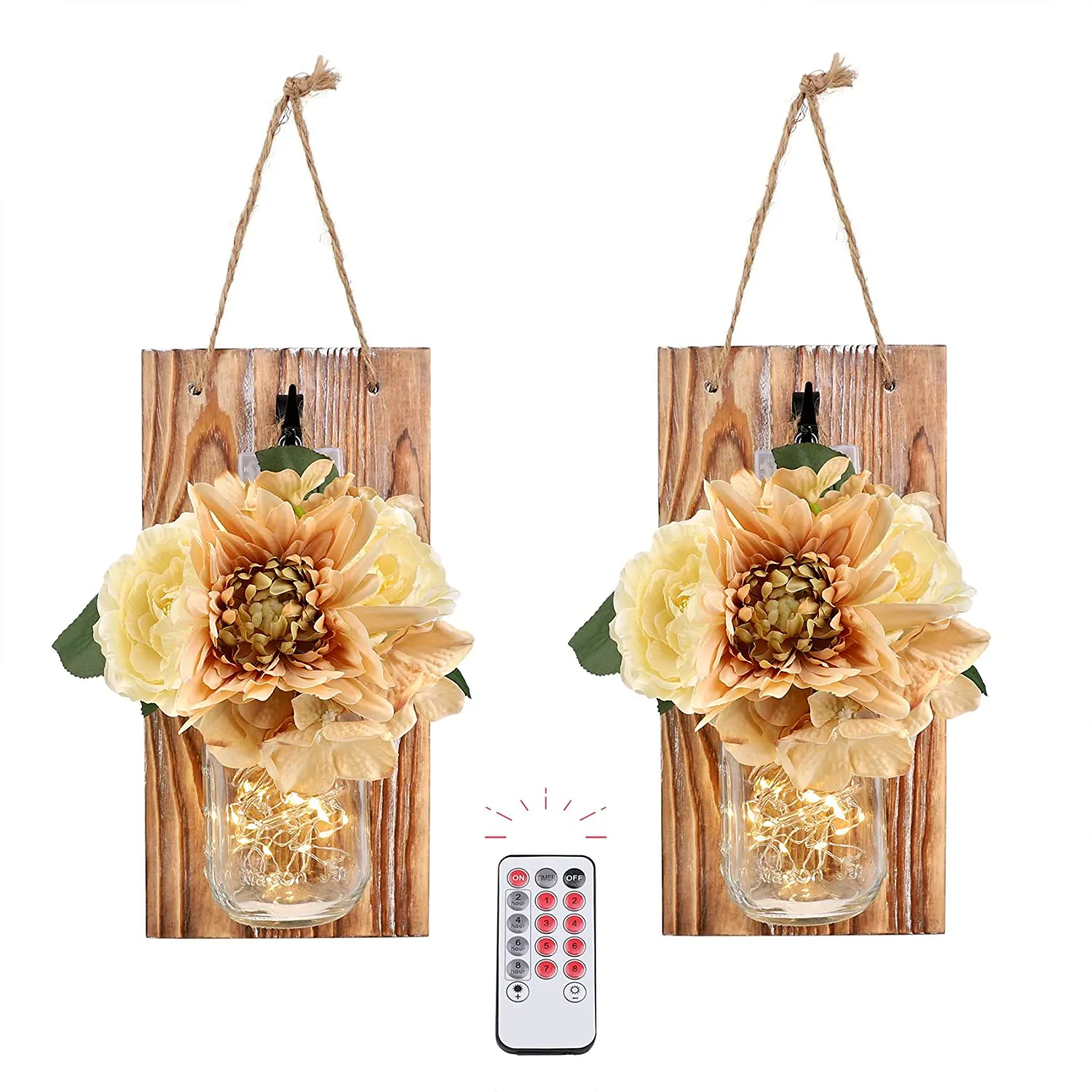 HOMKO Decorative Mason Jar Wall Decor - Rustic Wall Sconces with 6-Hour Timer LED Fairy Lights and Flowers - Farmhouse Home Decor (Set of 2)