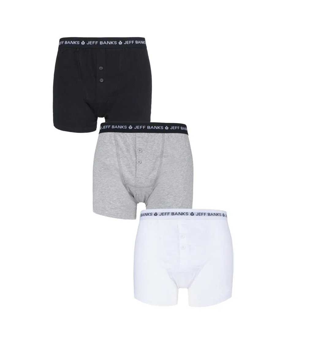 Jeff Banks 3 Pack Men's Marlow Button Boxer Shorts- Black / Grey / White