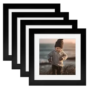 KINLINK 5x5 Picture Frames Black, Square Photo Frames with Plexiglass for Picture 4x4 with Mat or 5x5 without Mat, Composite Wood Picture Frames for Table Top and Wall Mounting, Set of 4