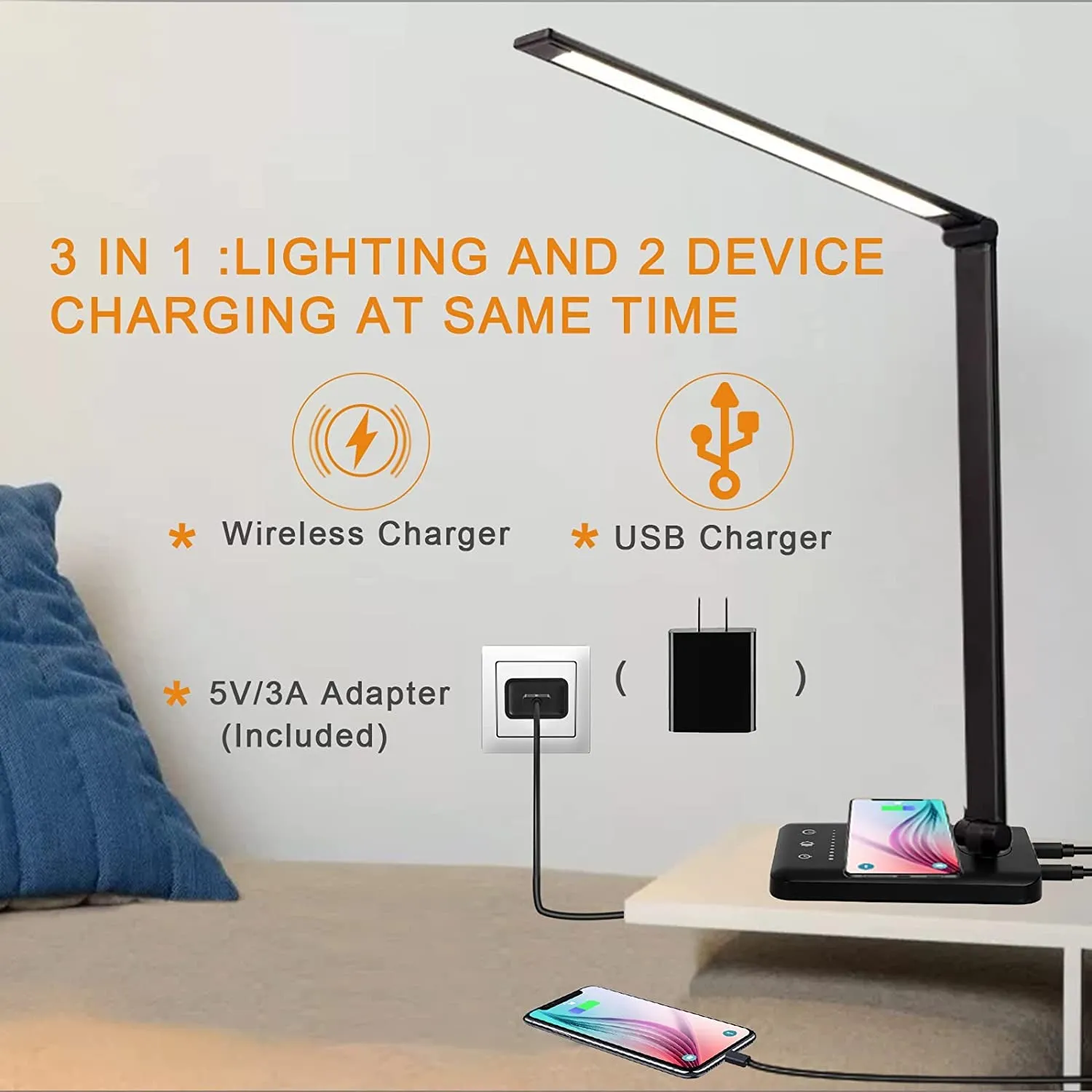 LED Desk Lamp with Wireless Charger,Touch Control,Usb Charging Port,Adjustable Arm,Eye Caring Table Lamp with 5 Lighting Modes & 10 Brightness Levels, 30/60 Min Auto Timer,Desk Lamps for Home Office