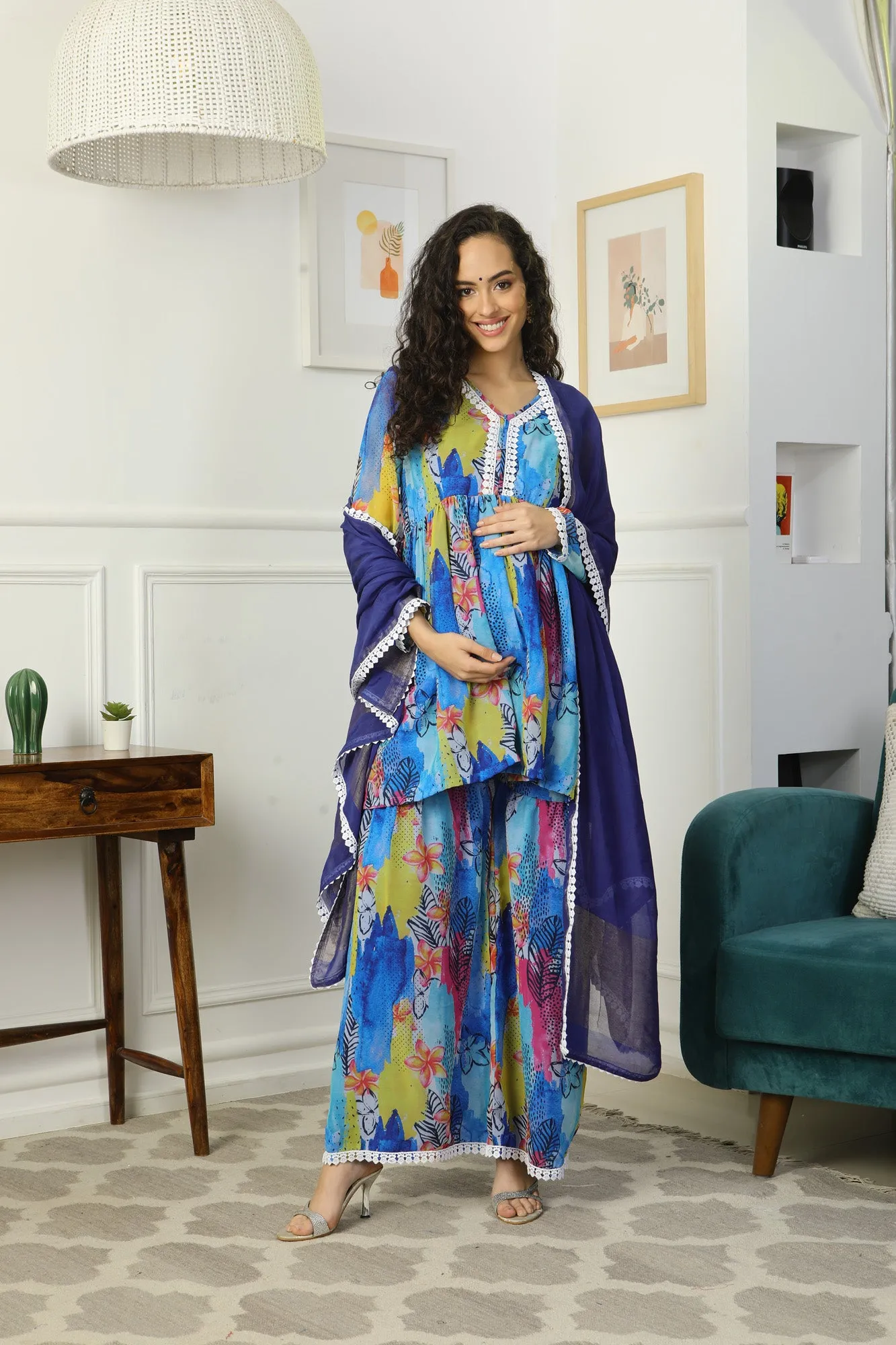 Luxe Aquamarine Blue Peplum Maternity & Nursing Kurta   Bottom   Dupatta (3 pc)