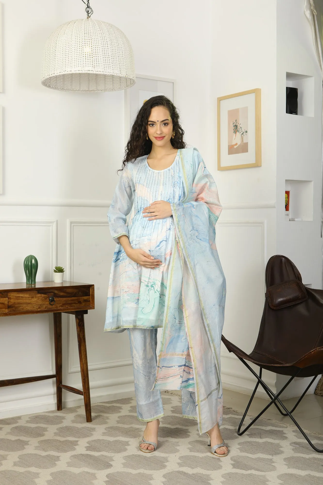 Luxe Blue Watery Chanderi Maternity & Nursing Pintucks Kurta   Bump Band Bottom   Dupatta (3 Pc)