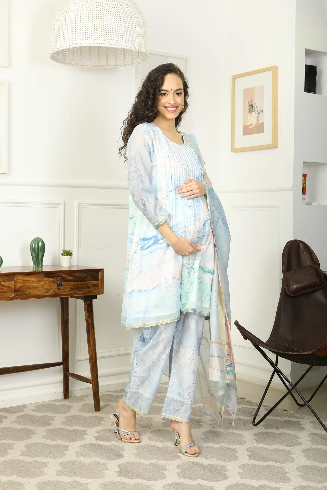 Luxe Blue Watery Chanderi Maternity & Nursing Pintucks Kurta   Bump Band Bottom   Dupatta (3 Pc)