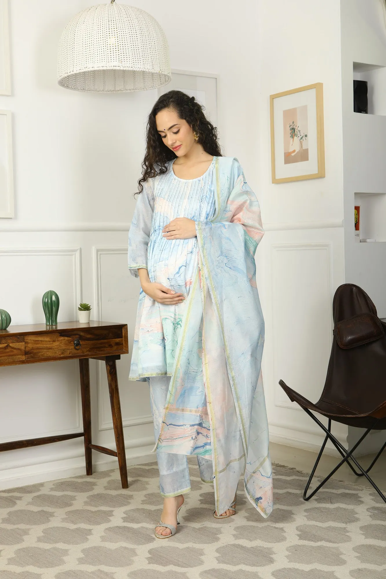 Luxe Blue Watery Chanderi Maternity & Nursing Pintucks Kurta   Bump Band Bottom   Dupatta (3 Pc)