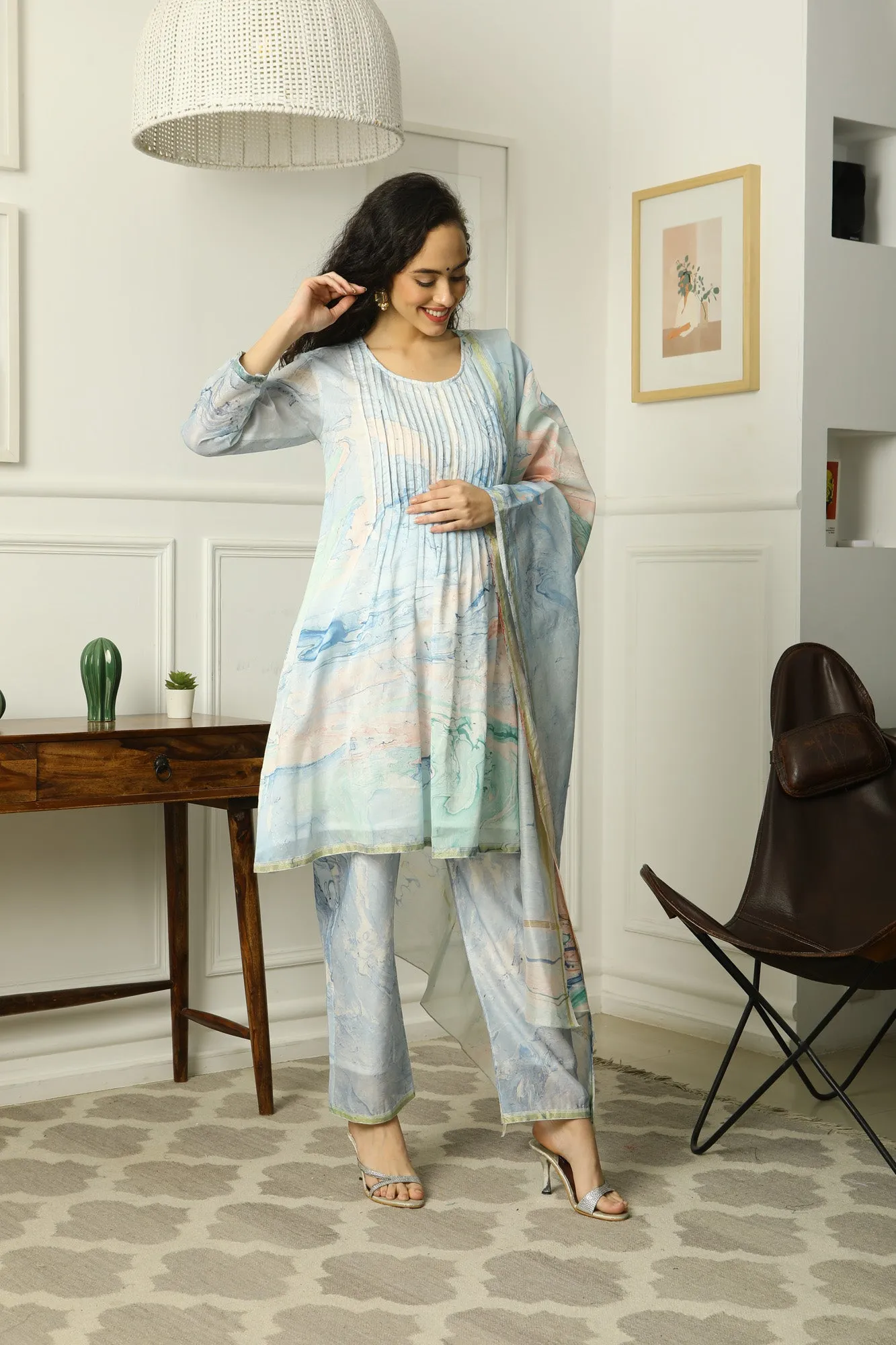 Luxe Blue Watery Chanderi Maternity & Nursing Pintucks Kurta   Bump Band Bottom   Dupatta (3 Pc)