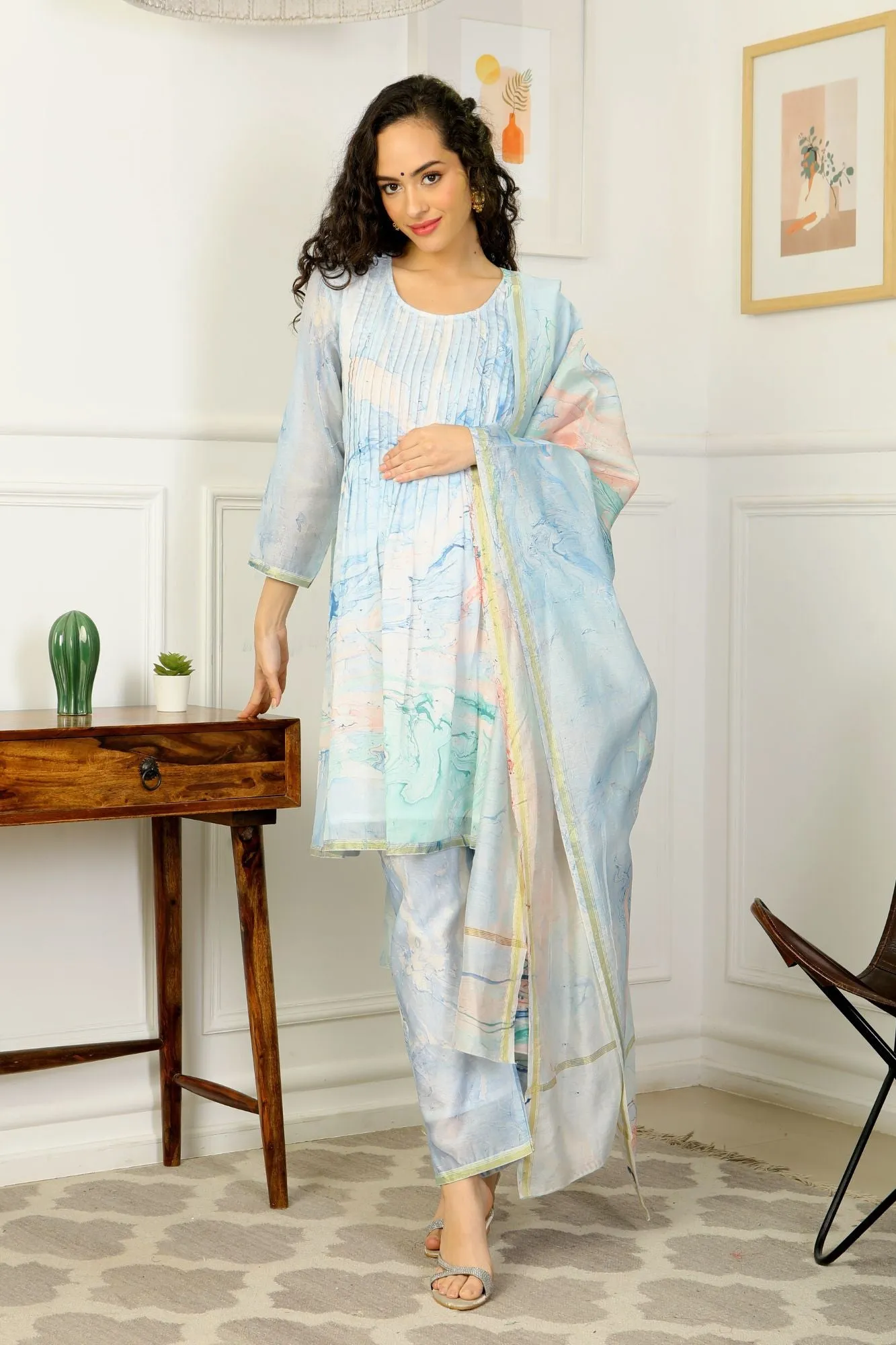 Luxe Blue Watery Chanderi Maternity & Nursing Pintucks Kurta   Bump Band Bottom   Dupatta (3 Pc)