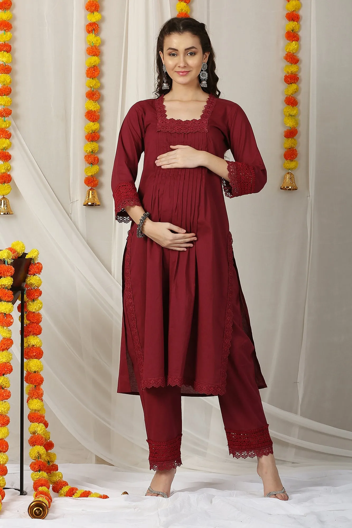 Luxe Enduring Wine Maternity   Bump Band Bottom   Dupatta (3 Pc) (100% Cotton)