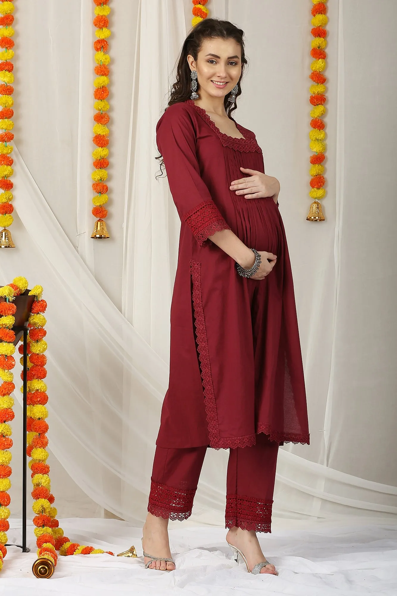 Luxe Enduring Wine Maternity   Bump Band Bottom   Dupatta (3 Pc) (100% Cotton)