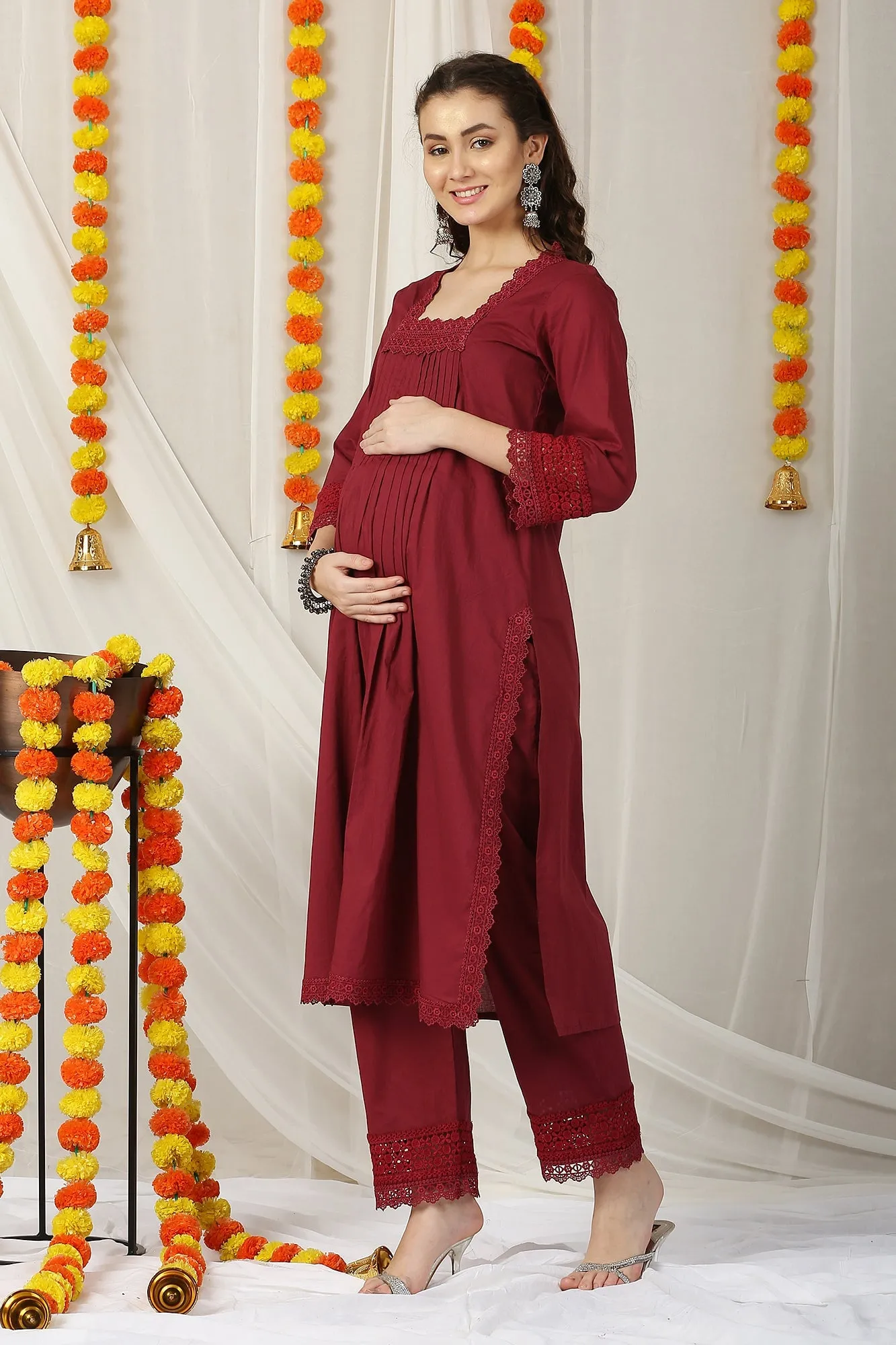 Luxe Enduring Wine Maternity   Bump Band Bottom   Dupatta (3 Pc) (100% Cotton)