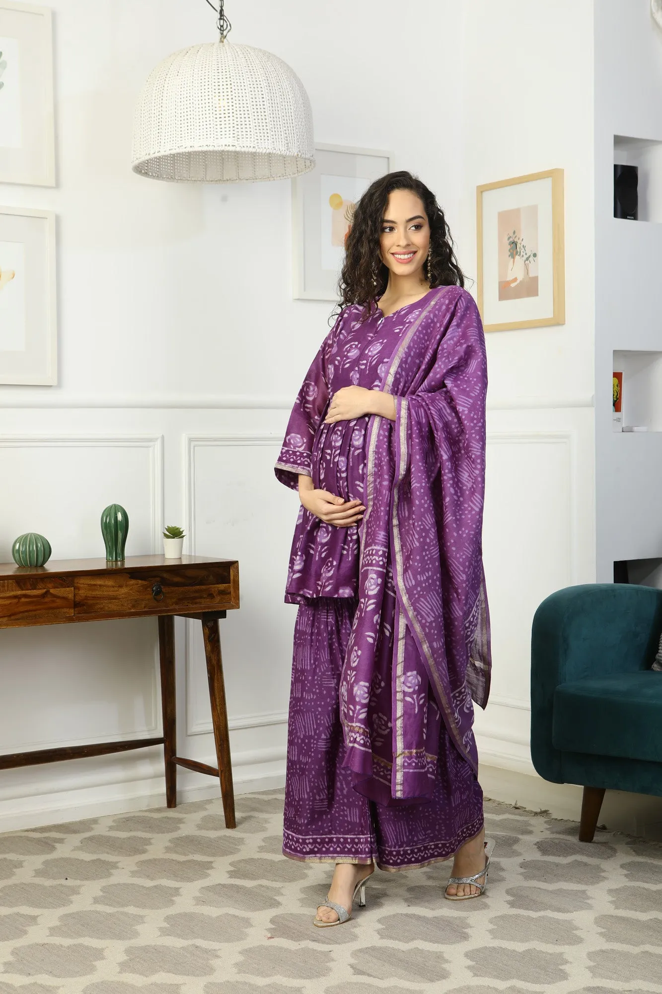 Luxe Lavender Chanderi Peplum Maternity & Nursing Kurta   Bottom   Dupatta (3 Pc)