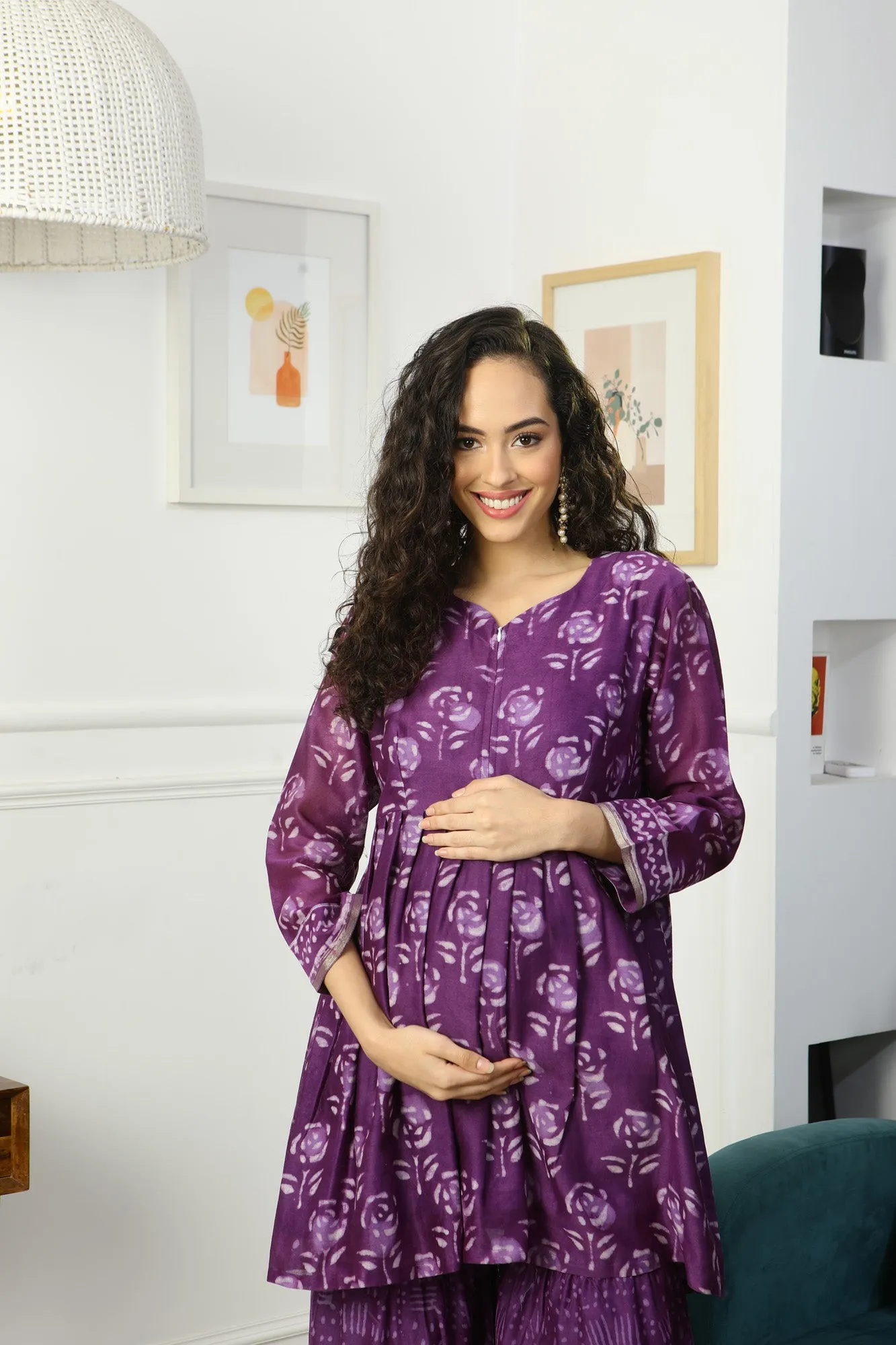 Luxe Lavender Chanderi Peplum Maternity & Nursing Kurta   Bottom   Dupatta (3 Pc)