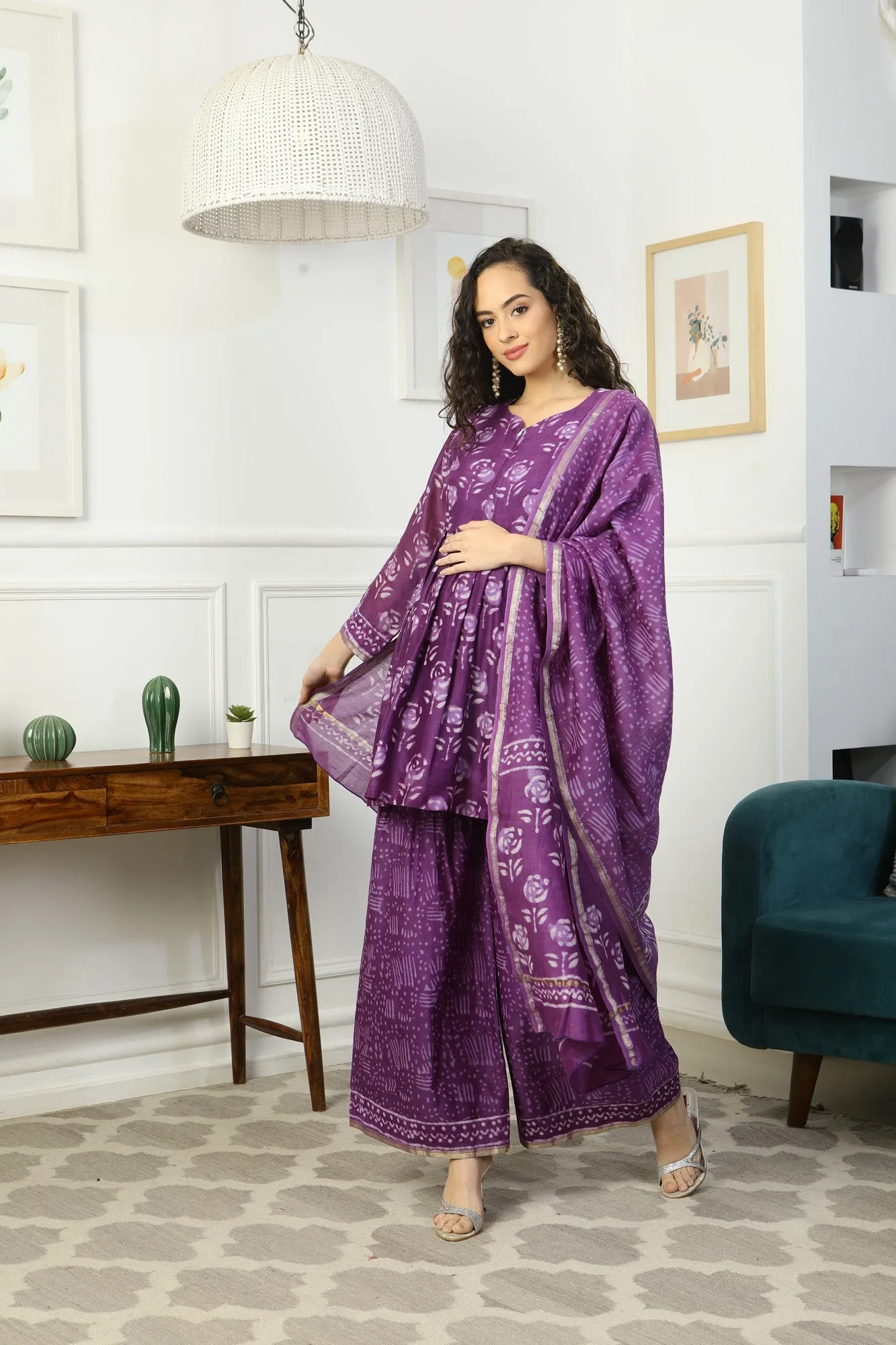 Luxe Lavender Chanderi Peplum Maternity & Nursing Kurta   Bottom   Dupatta (3 Pc)