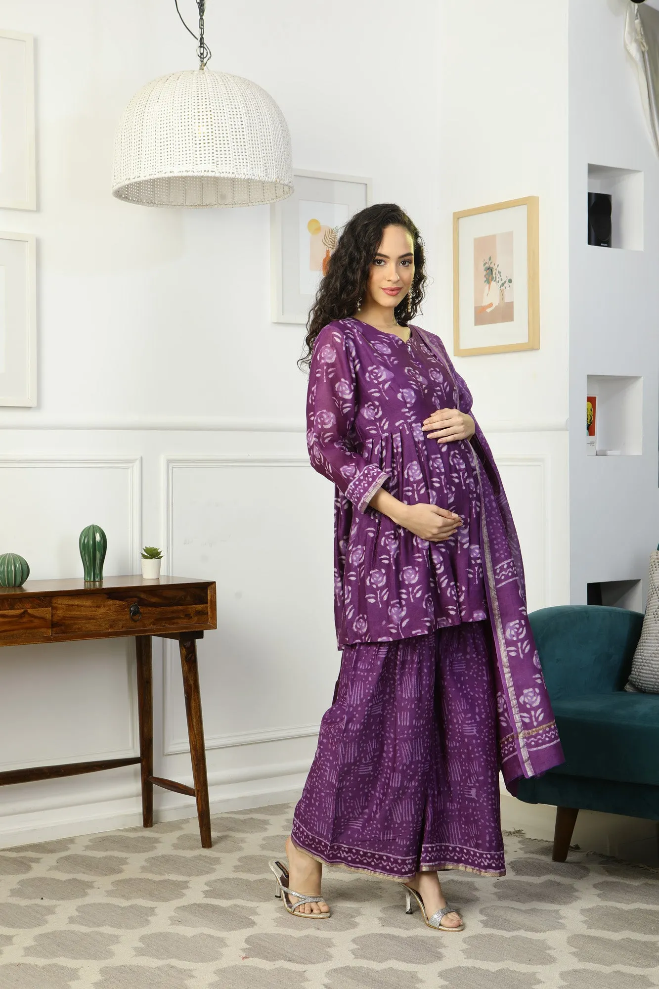 Luxe Lavender Chanderi Peplum Maternity & Nursing Kurta   Bottom   Dupatta (3 Pc)