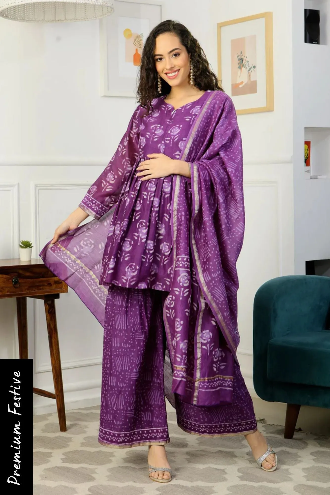 Luxe Lavender Chanderi Peplum Maternity & Nursing Kurta   Bottom   Dupatta (3 Pc)