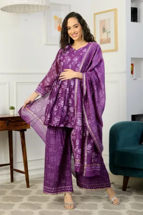 Luxe Lavender Chanderi Peplum Maternity & Nursing Kurta   Bottom   Dupatta (3 Pc)