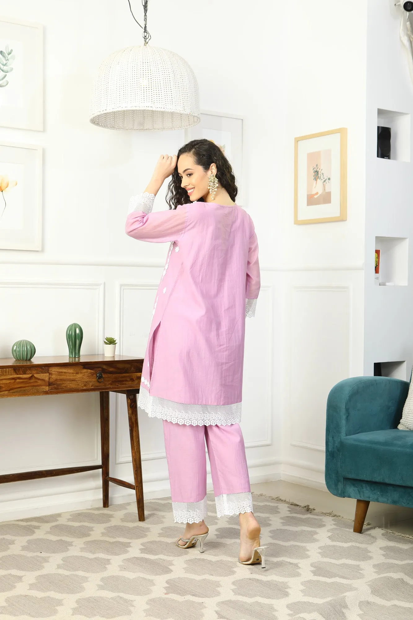 Luxe Pretty Lilac Mulmul Maternity & Nursing Kurta   Bottom   Dupatta (3 Pc)